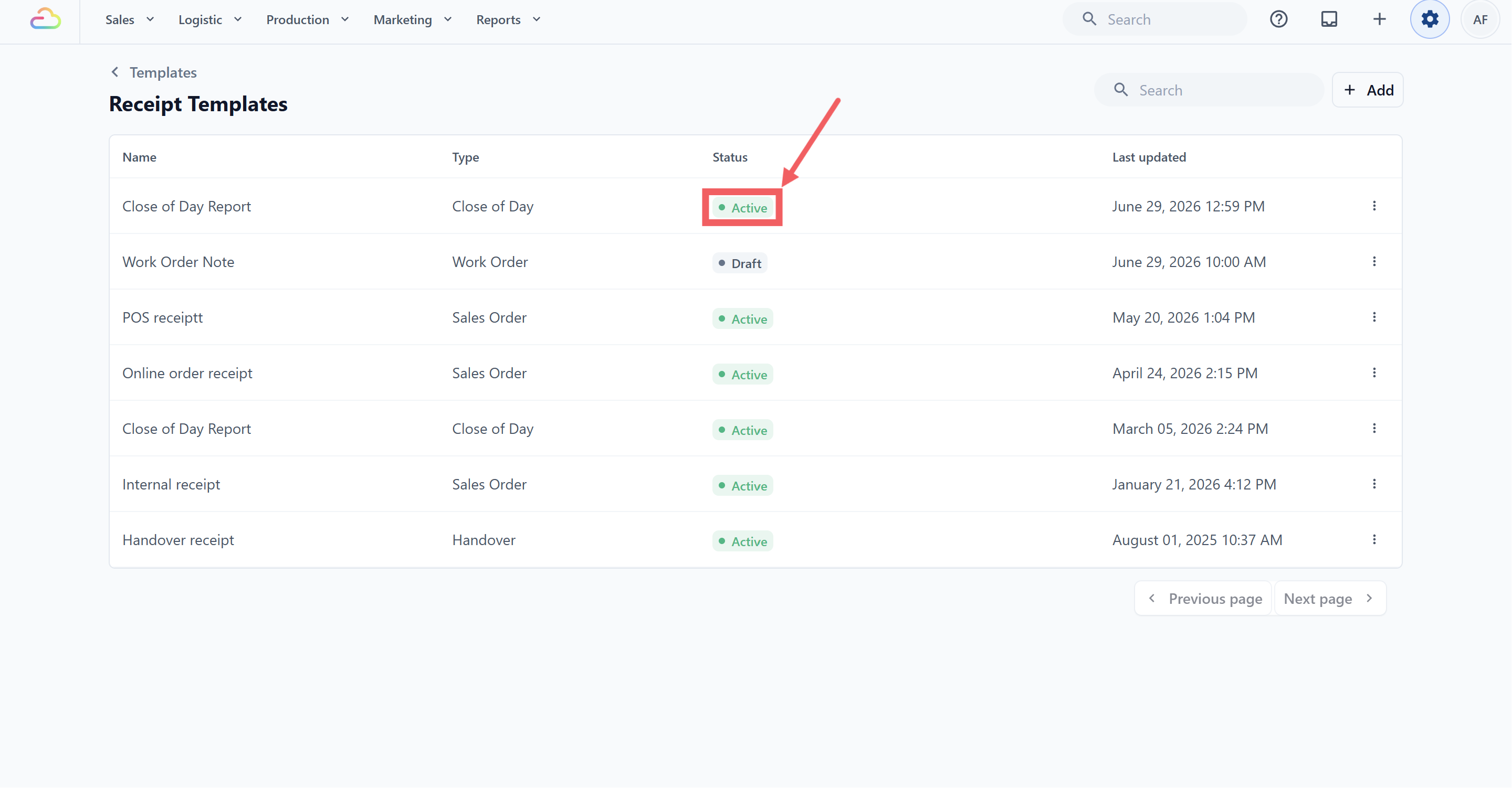 The Status in the Receipt Templates list will change from Draft to Active, and the template is ready for your POS app to use.