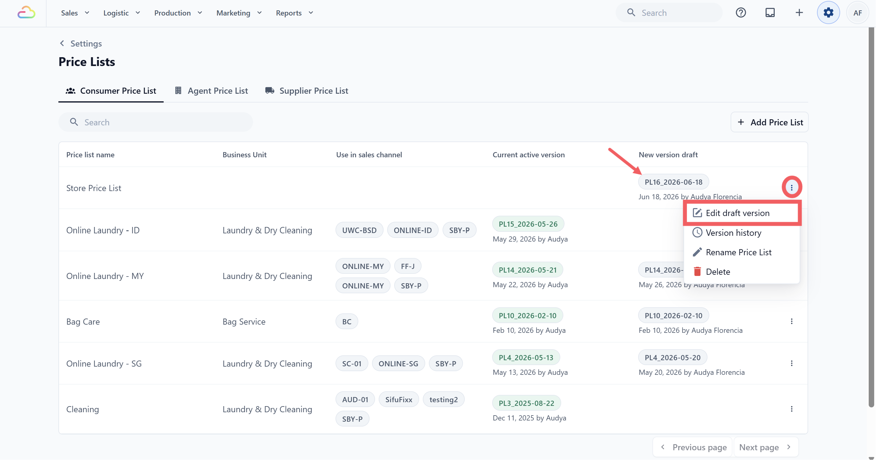 Find the price list in the table. In the New version draft column, click the draft link, or open the three-dot menu and click Draft new version (or Edit draft version if one already exists).