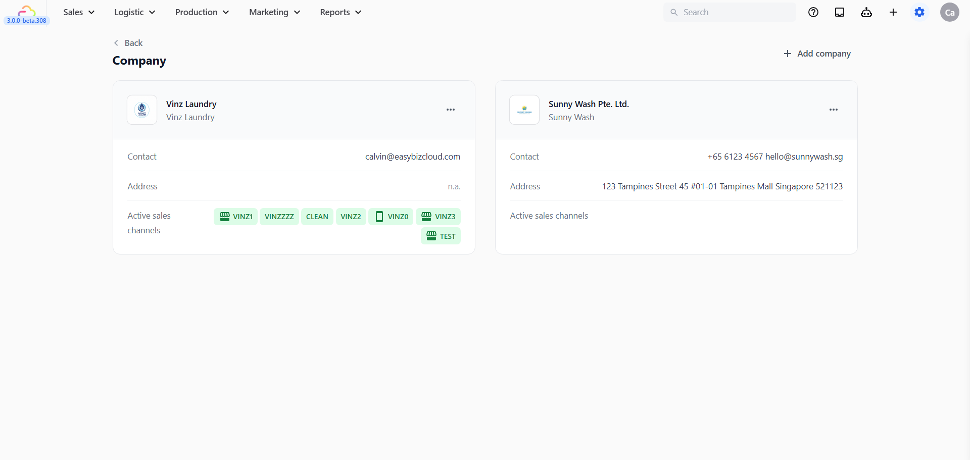 The Company list page shows every Company in your account, each as a card with its logo, business name, contact details, and the sales channels currently attached.