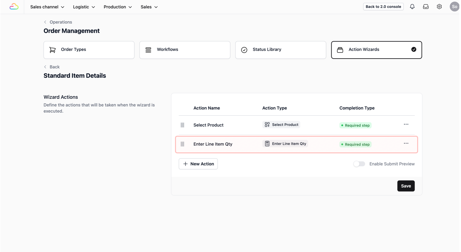 The new action will now show up in the table view.