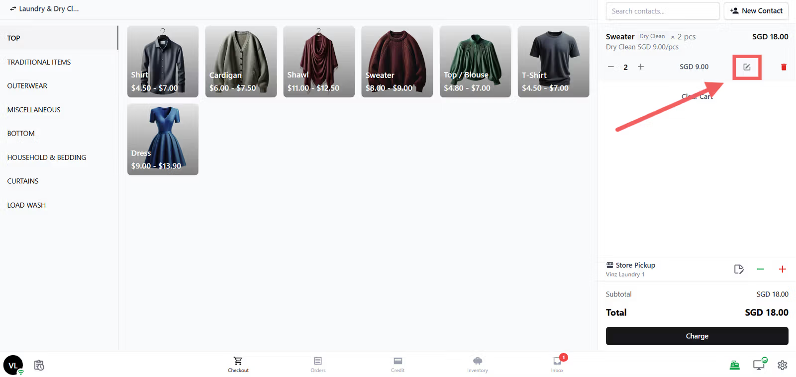 Accessories do not appear on the initial intake screen. They appear in the Edit Panel, which opens when staff click Edit on a line in the cart after adding a Service Item to the order.