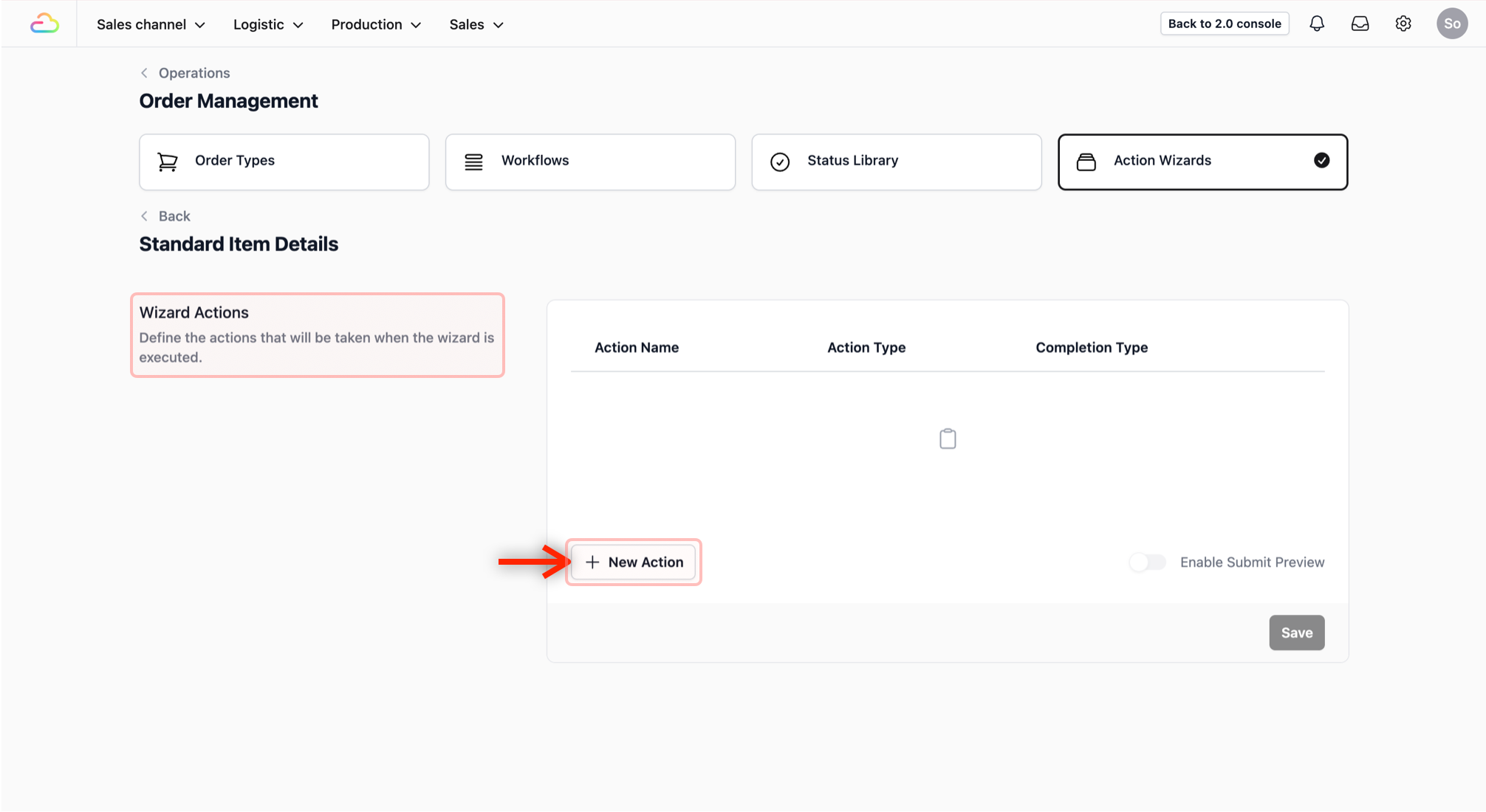 In the Wizard Actions section, click on the + New Action button.