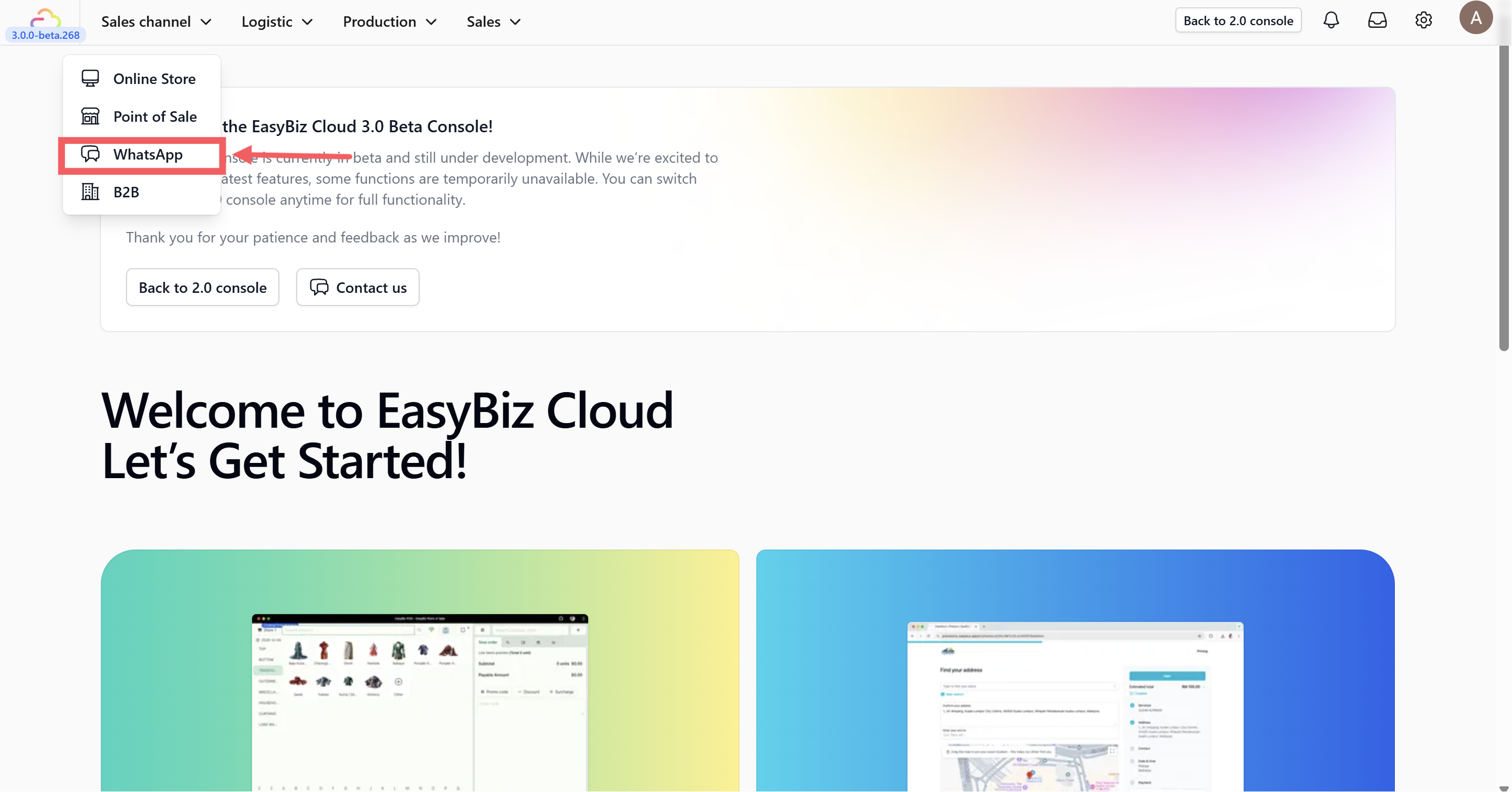 From the top navigation bar in your Easybiz console, click on Sales Channel and select WhatsApp.
