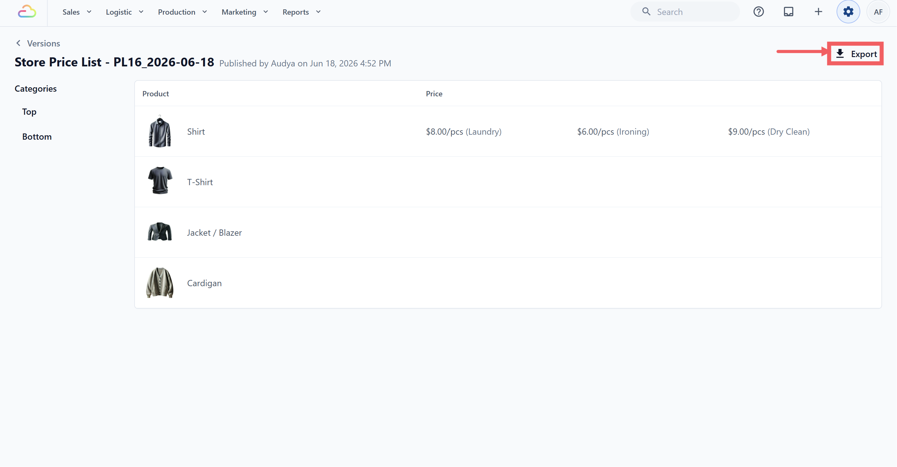 From inside an active version page, click Export at the top right to download the published prices.