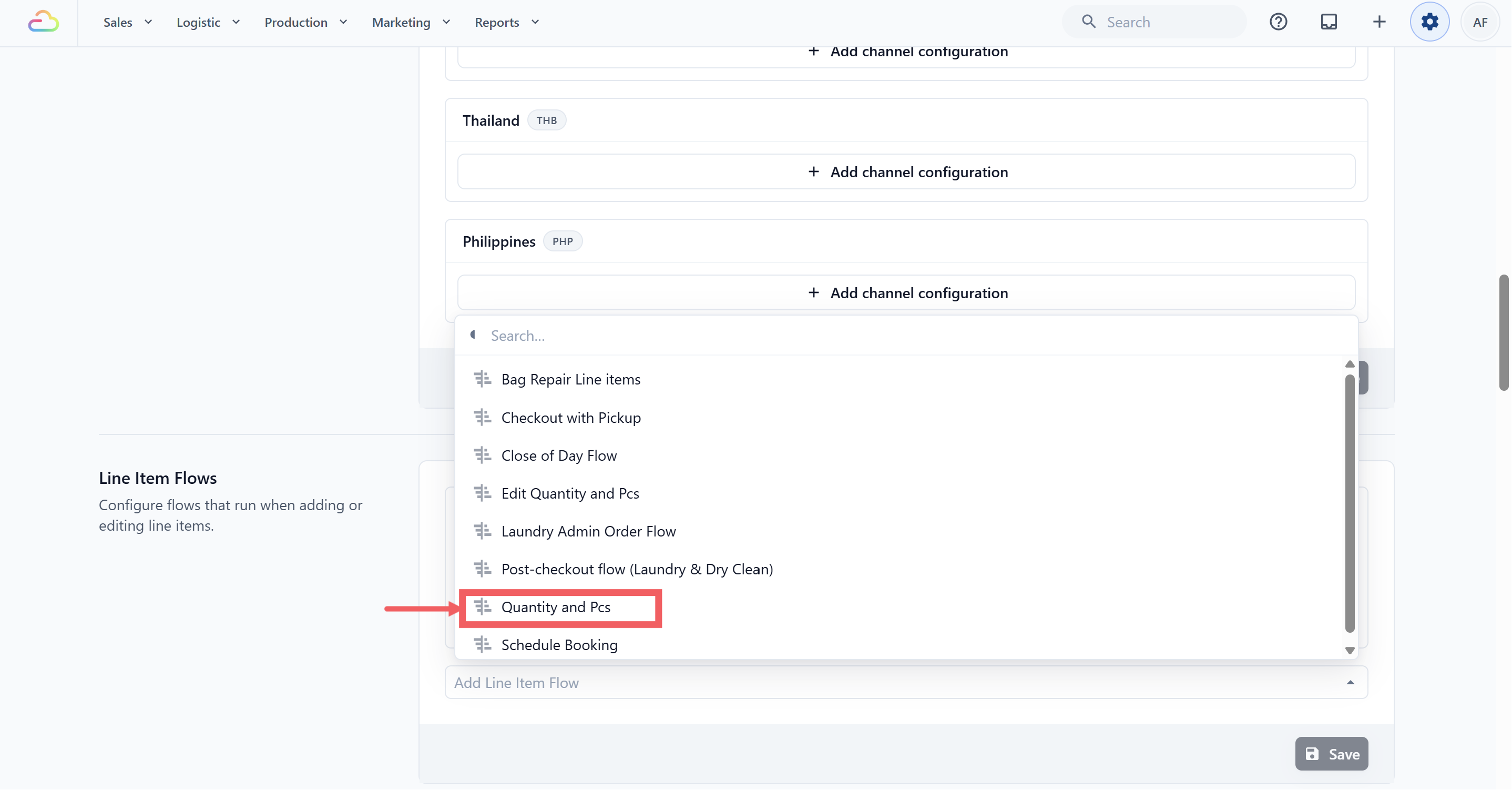 In the searchable list, select your Quantity and Pcs flow.