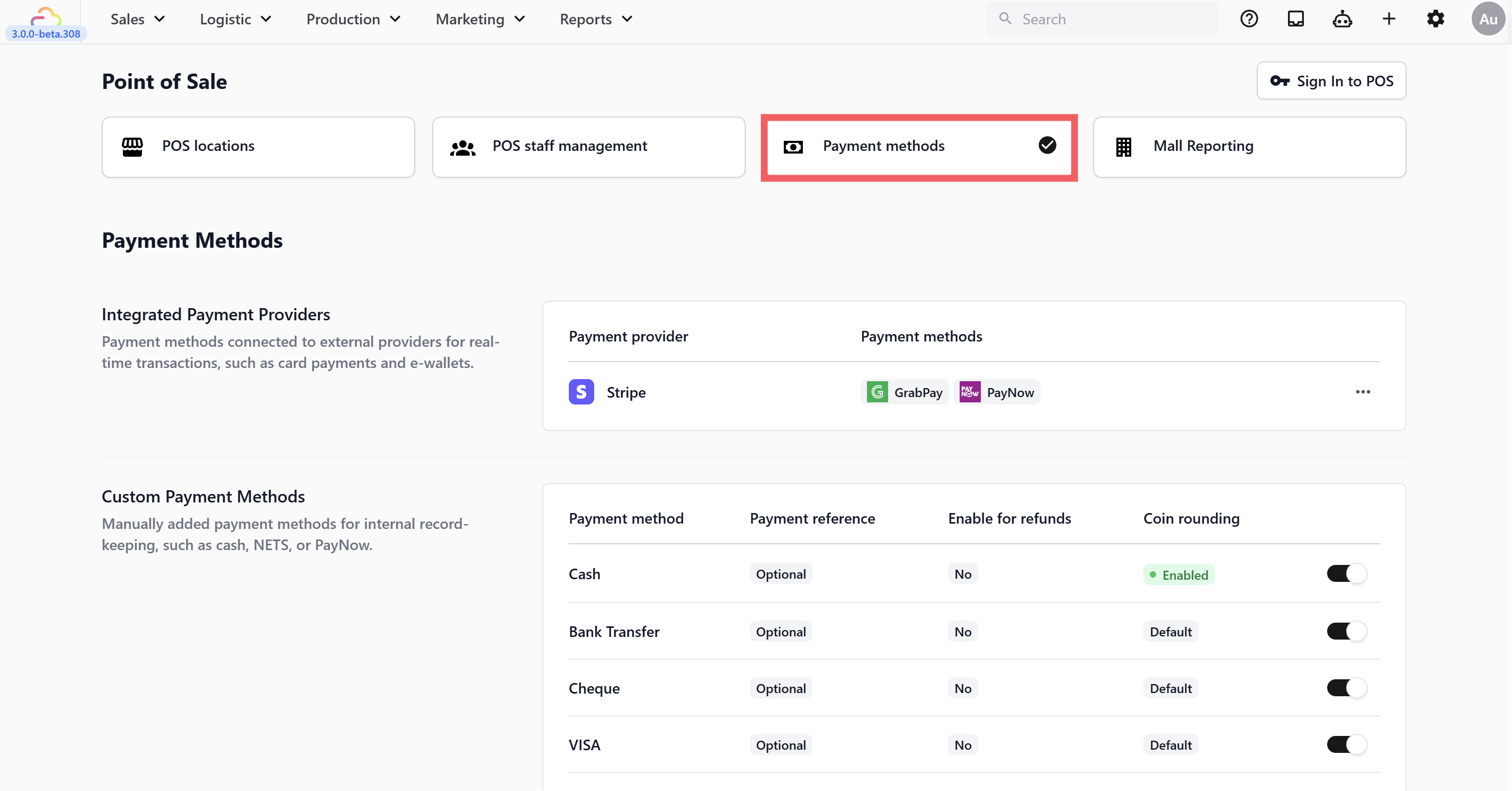 Click the Payment methods tab at the top.