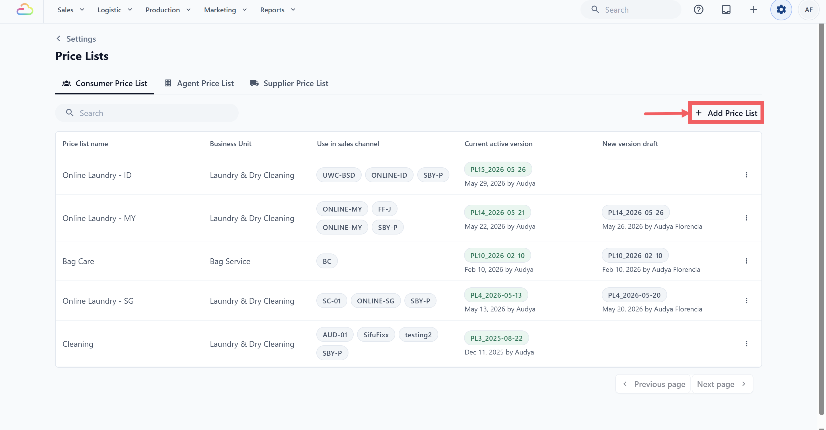 Click Add Price List in the top right.