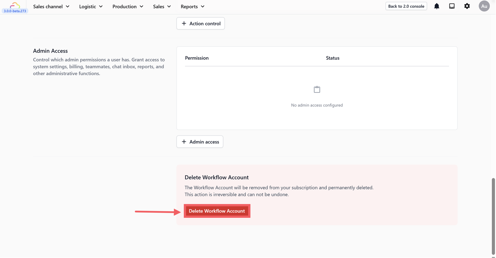 Scroll all the way to the bottom of the page, click the red Delete Workflow Account button.