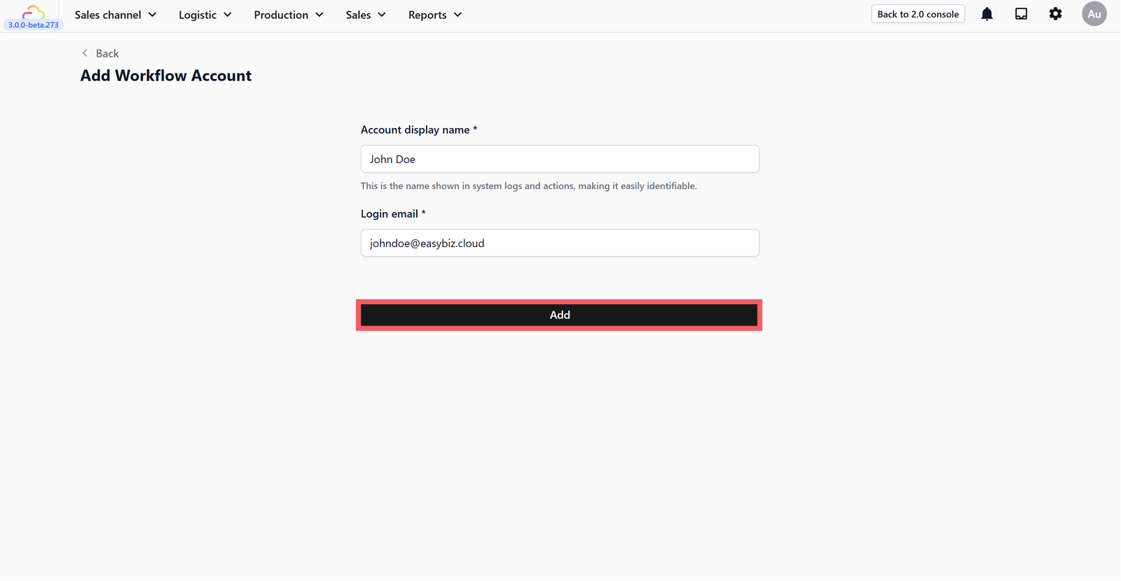 Click Add to create the account.