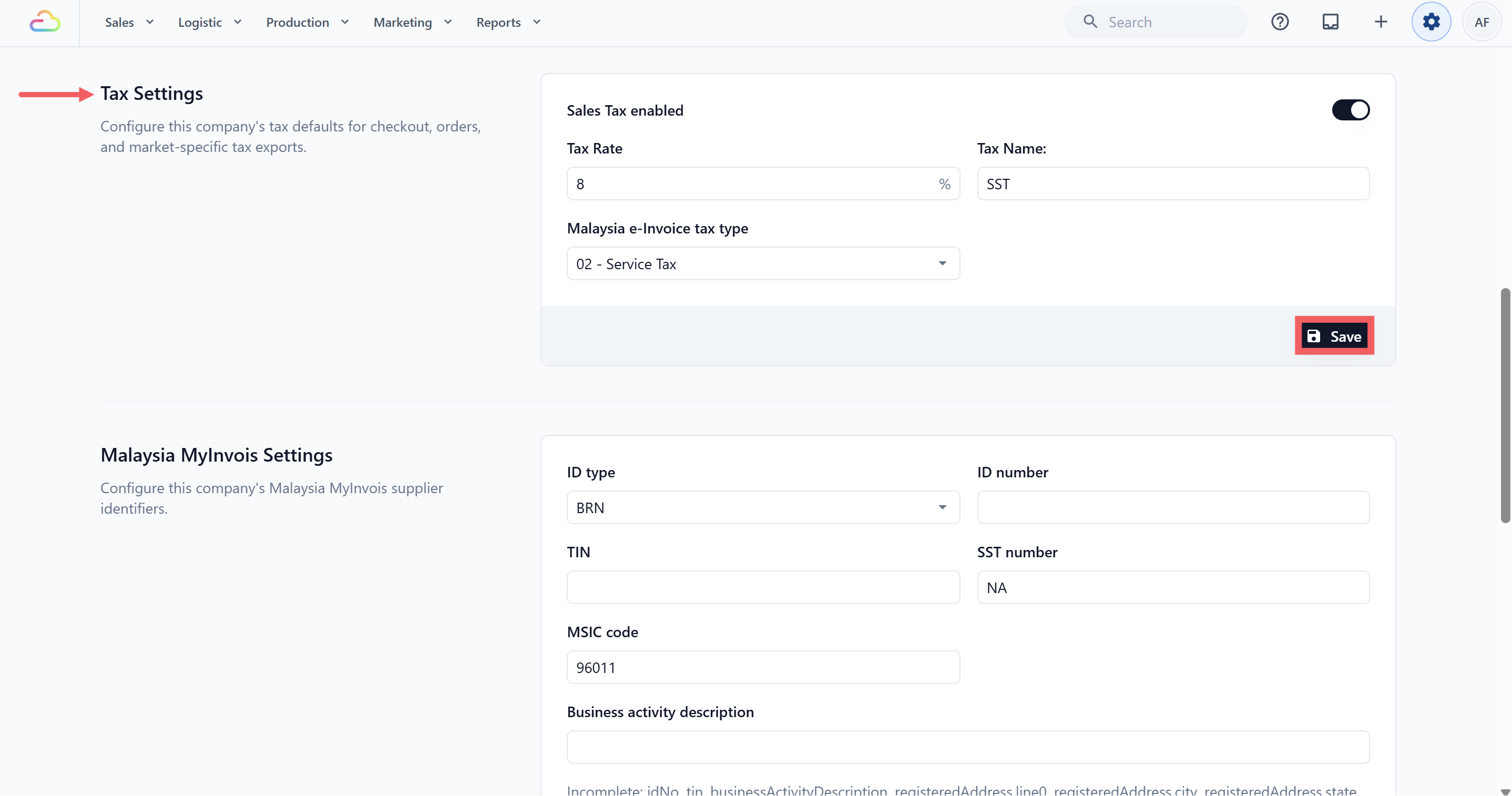 Scroll to Tax Settings.