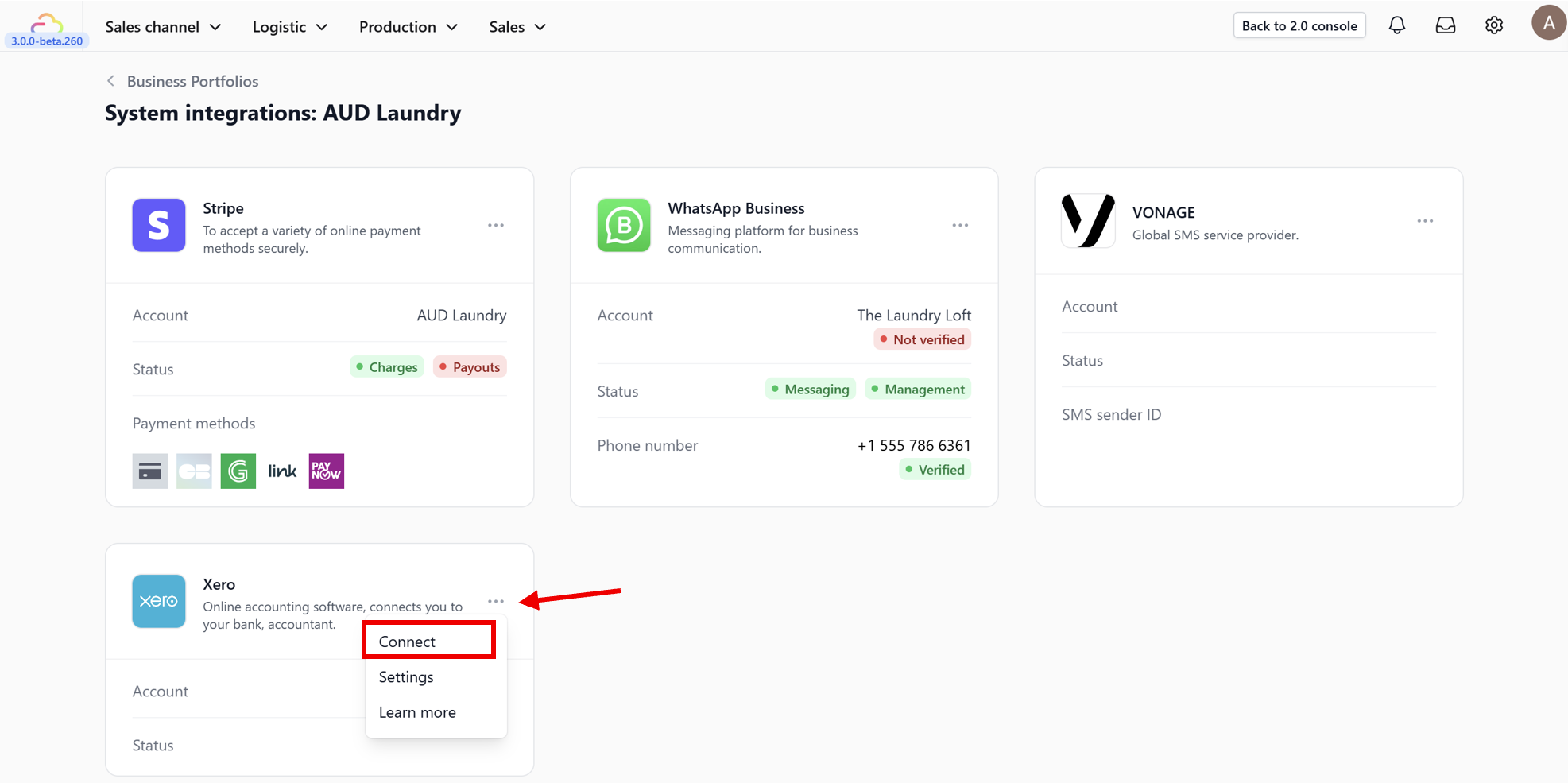 3. Connect Xero: Locate the Xero card in the list of available integrations. Click the three dots icon on the card and select Connect.