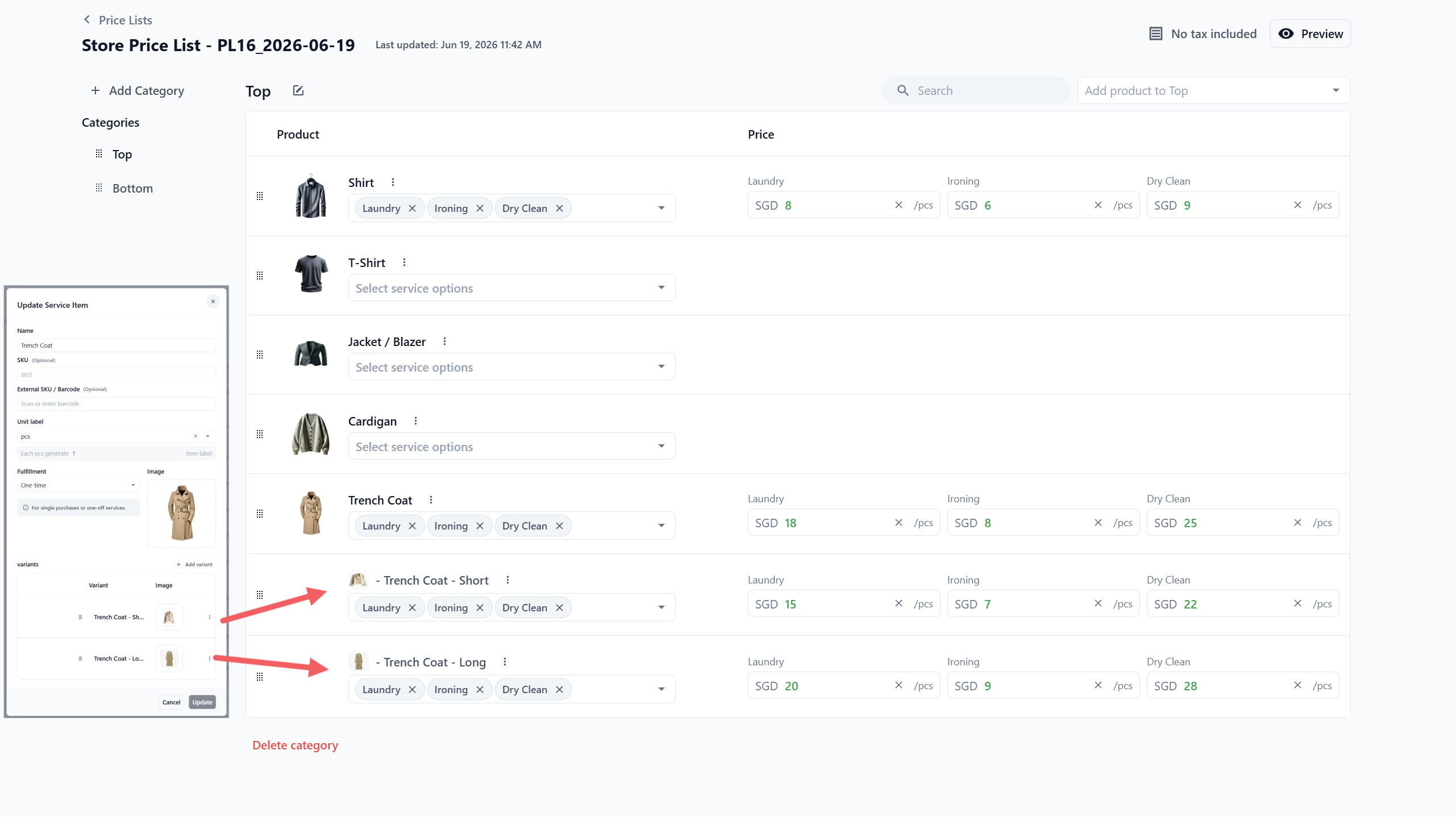 If the product you add has variants, those variants will appear under the parent product in the price list.