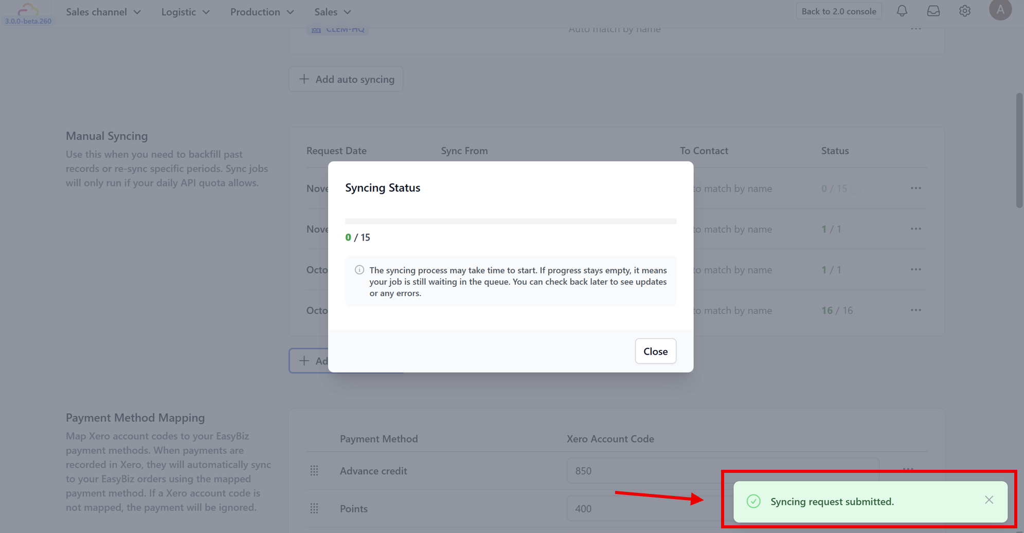 7. You will receive a notification that the sync request has been submitted.