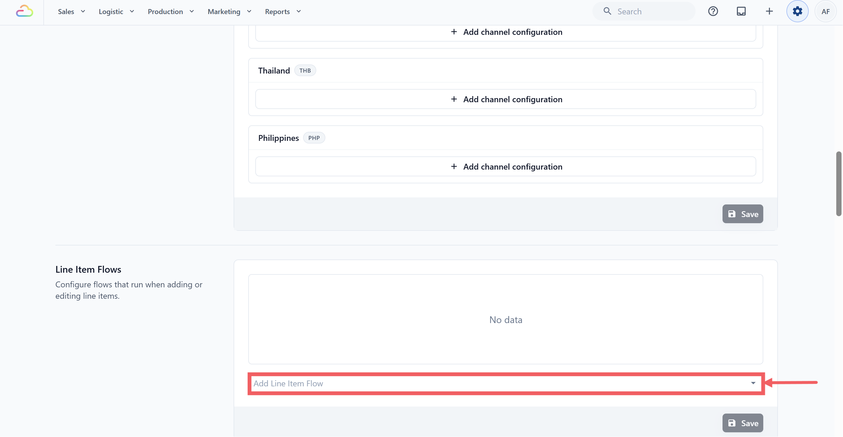 Below the table, click Add Line Item Flow.