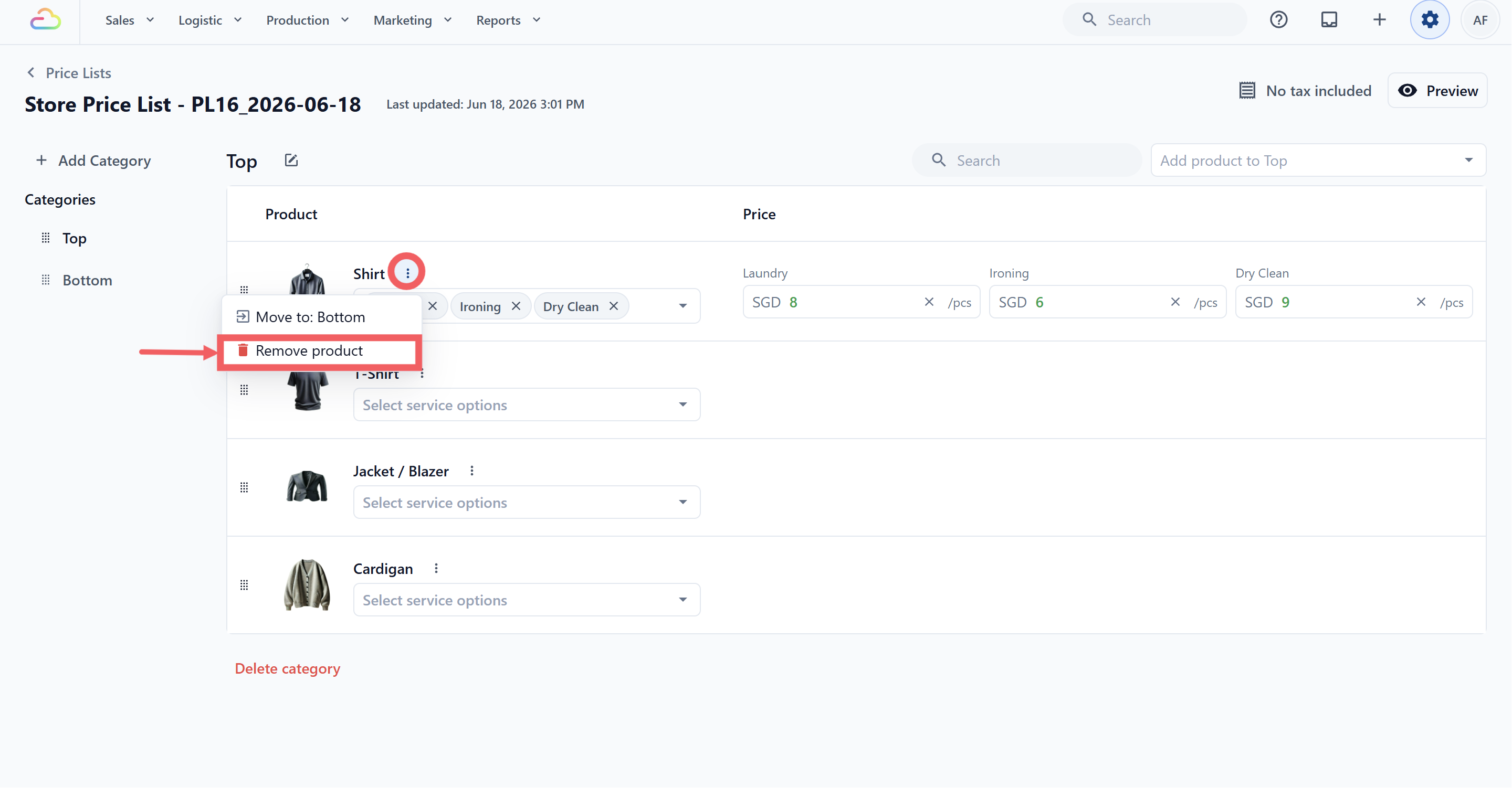 To delete a product, click the three-dot menu next to its name and choose Remove Product.