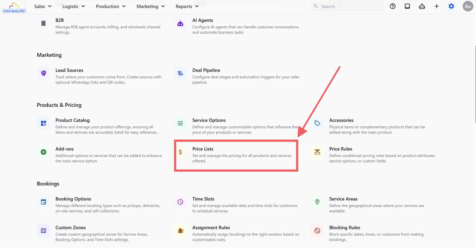3. Click Price Lists