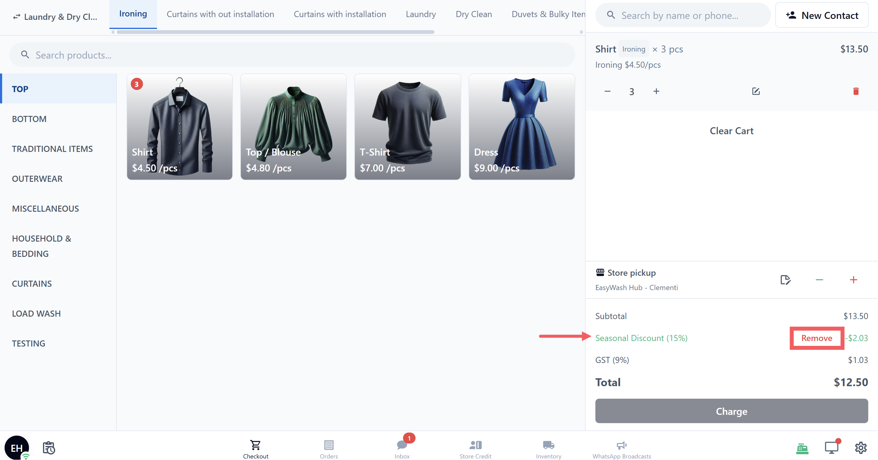 To remove one, find its row under the Subtotal and tap Remove. The total updates immediately.