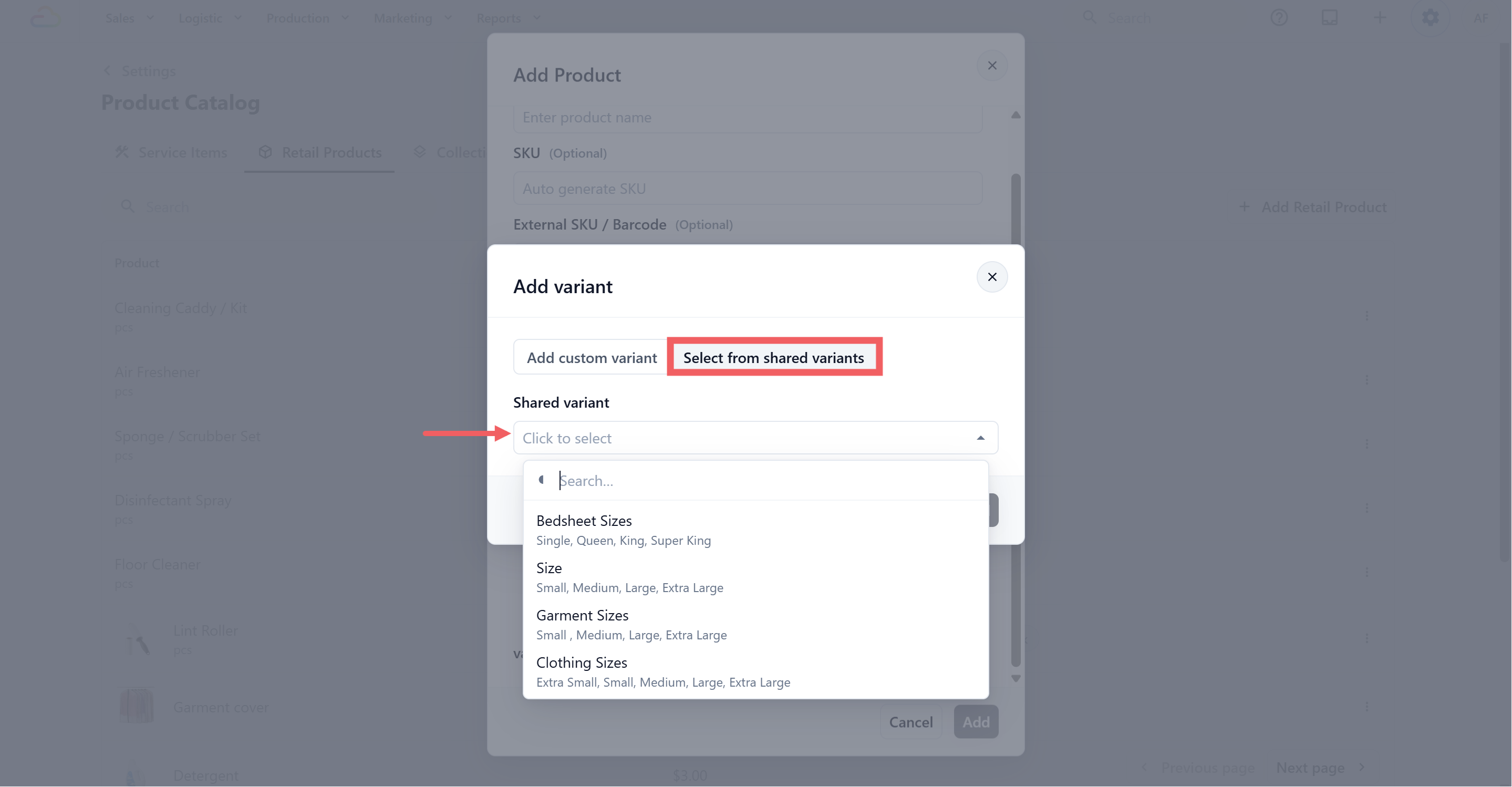 The workflow is the same as for service items. This is useful when you sell the same product in many sizes or finishes.