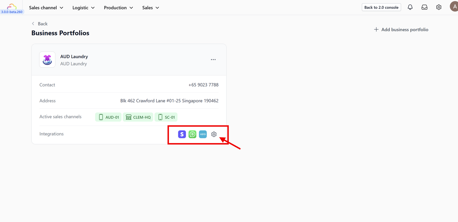 2. Select Integration Settings: Click on the specific business portfolio you want to connect, then click on the Integrations settings button.
