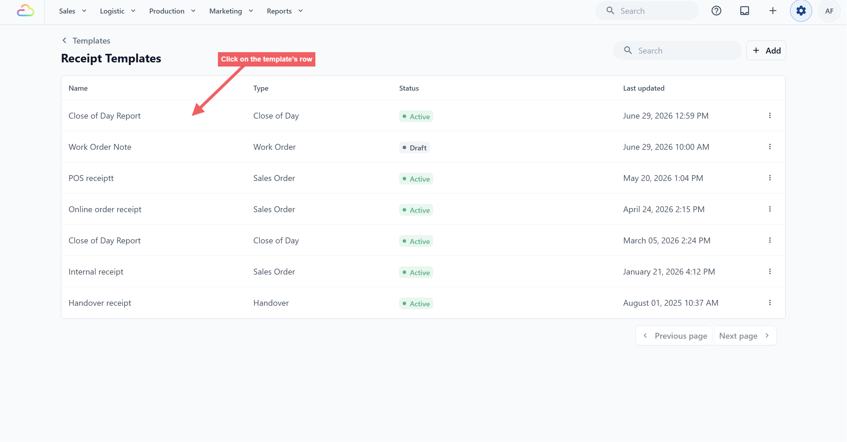 To edit the report content, click the template row. This opens the template editor.