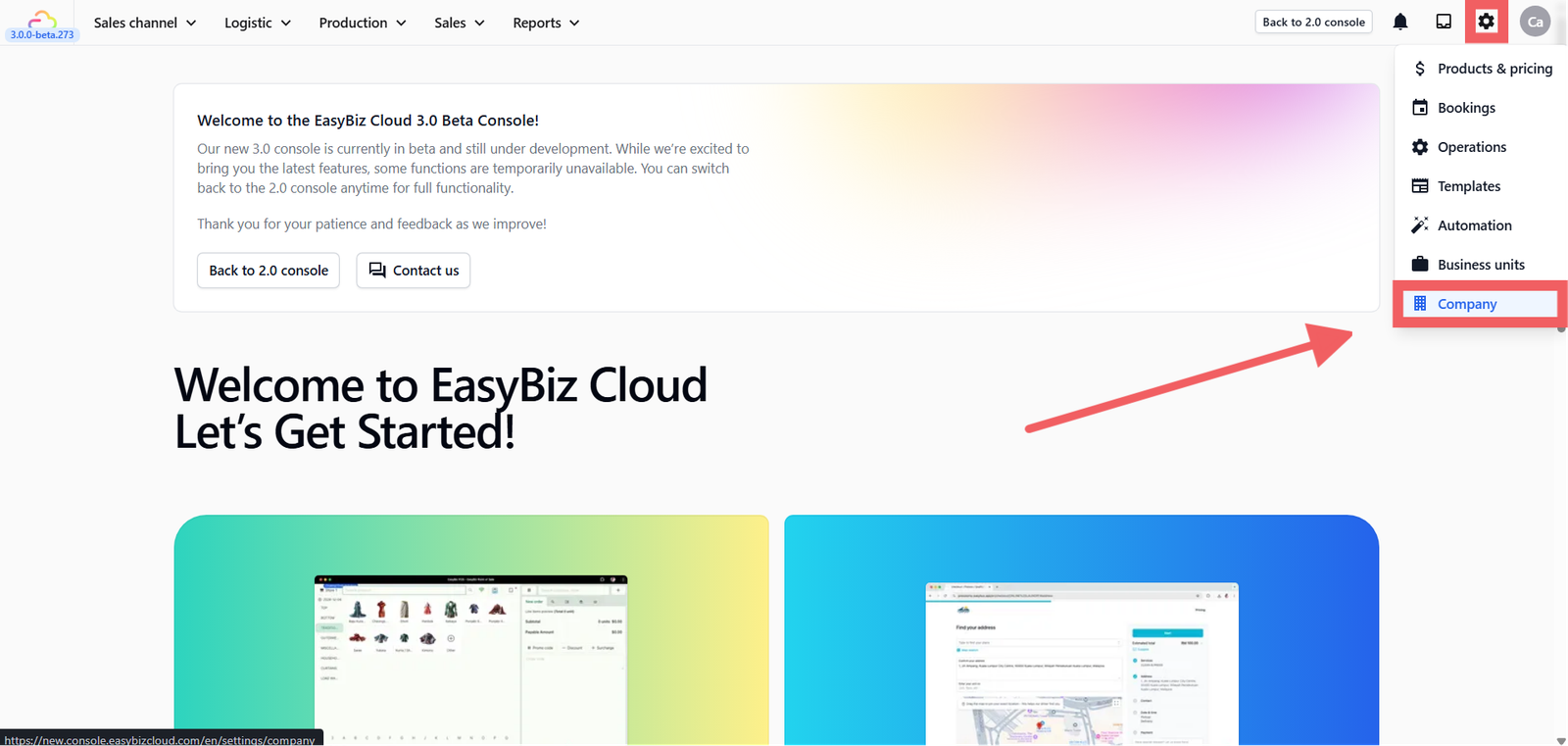 1. Navigate to Company: Log in to your EasyBiz 3.0 Console. On the side menu, go to Settings and select Company.