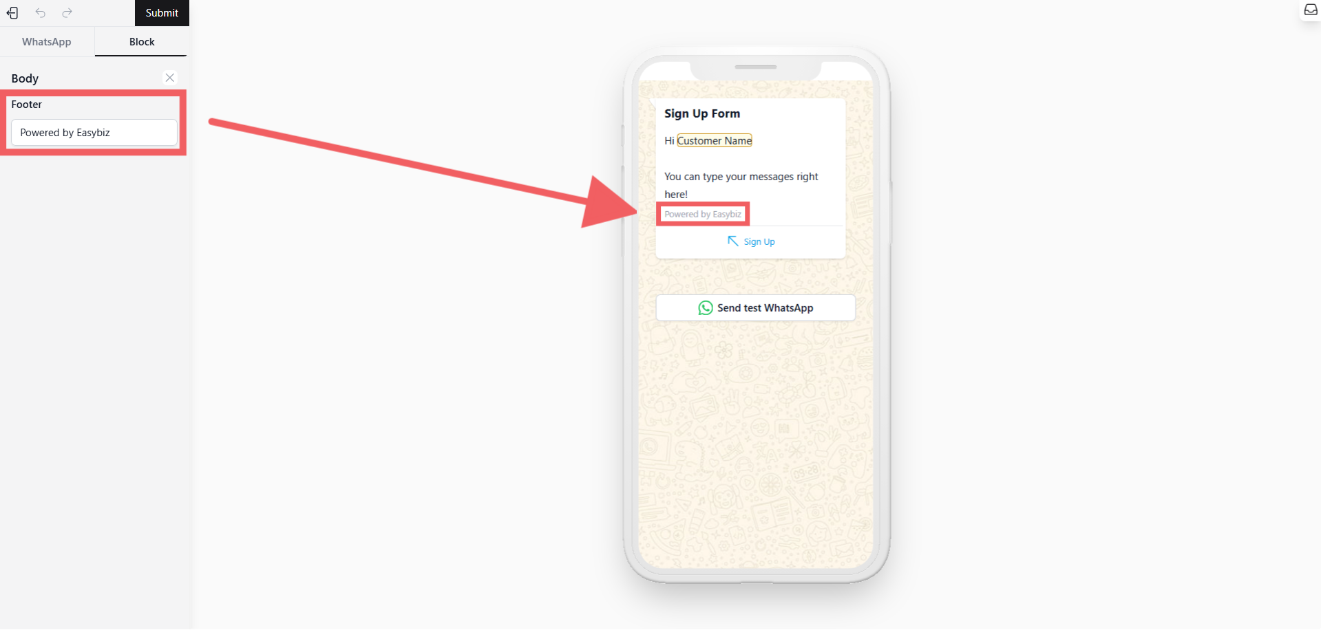 Body: Type your main message. To make it personal, type @ where a dropdown list will appear to insert dynamic variables like {{Customer Name}} or {{Order Number}}.