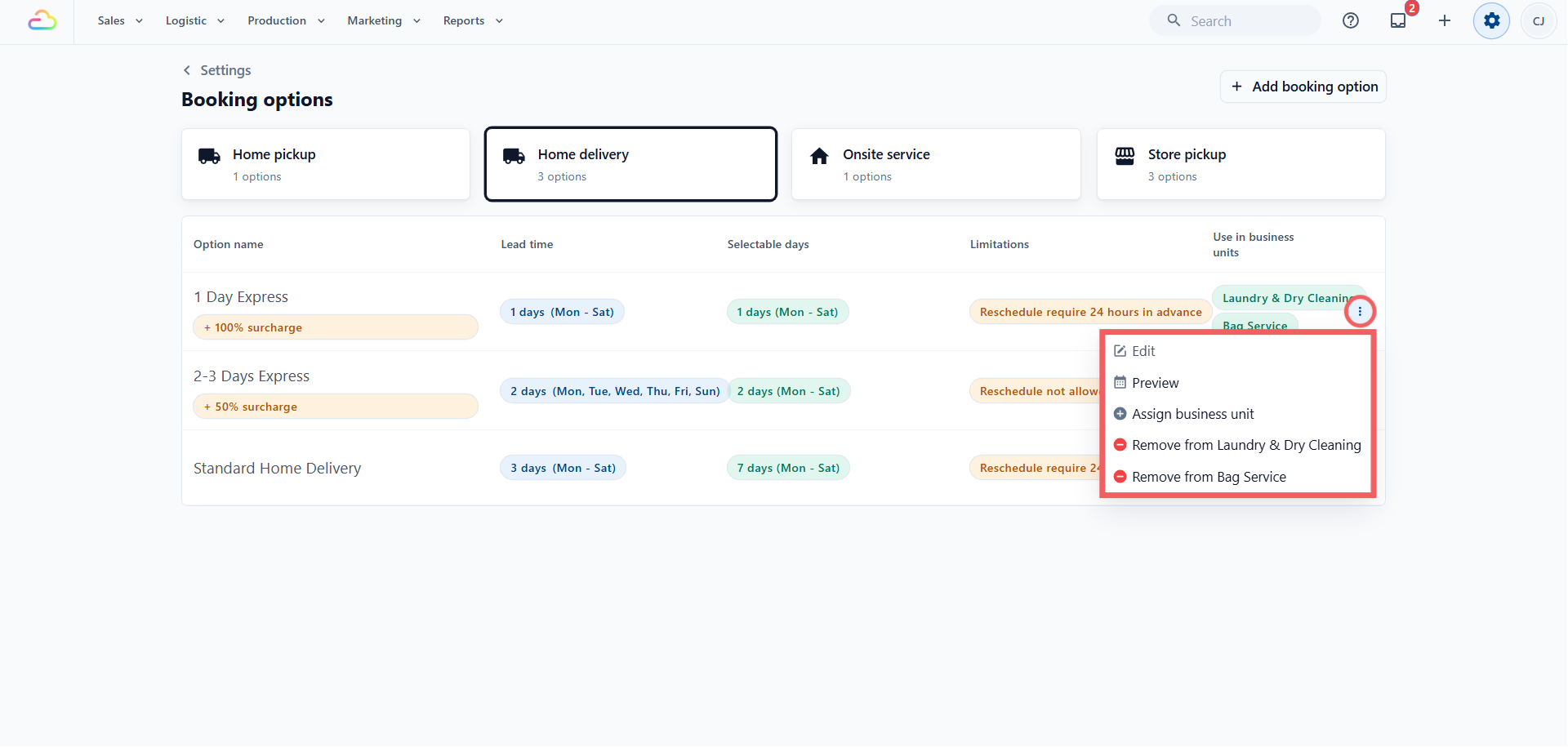 On the main Booking Options page, your options are grouped by type, with each row showing the name, lead time, selectable days, limitations, and the business units it serves, or an Inactive badge if none. The row three-dots menu on the right offers: