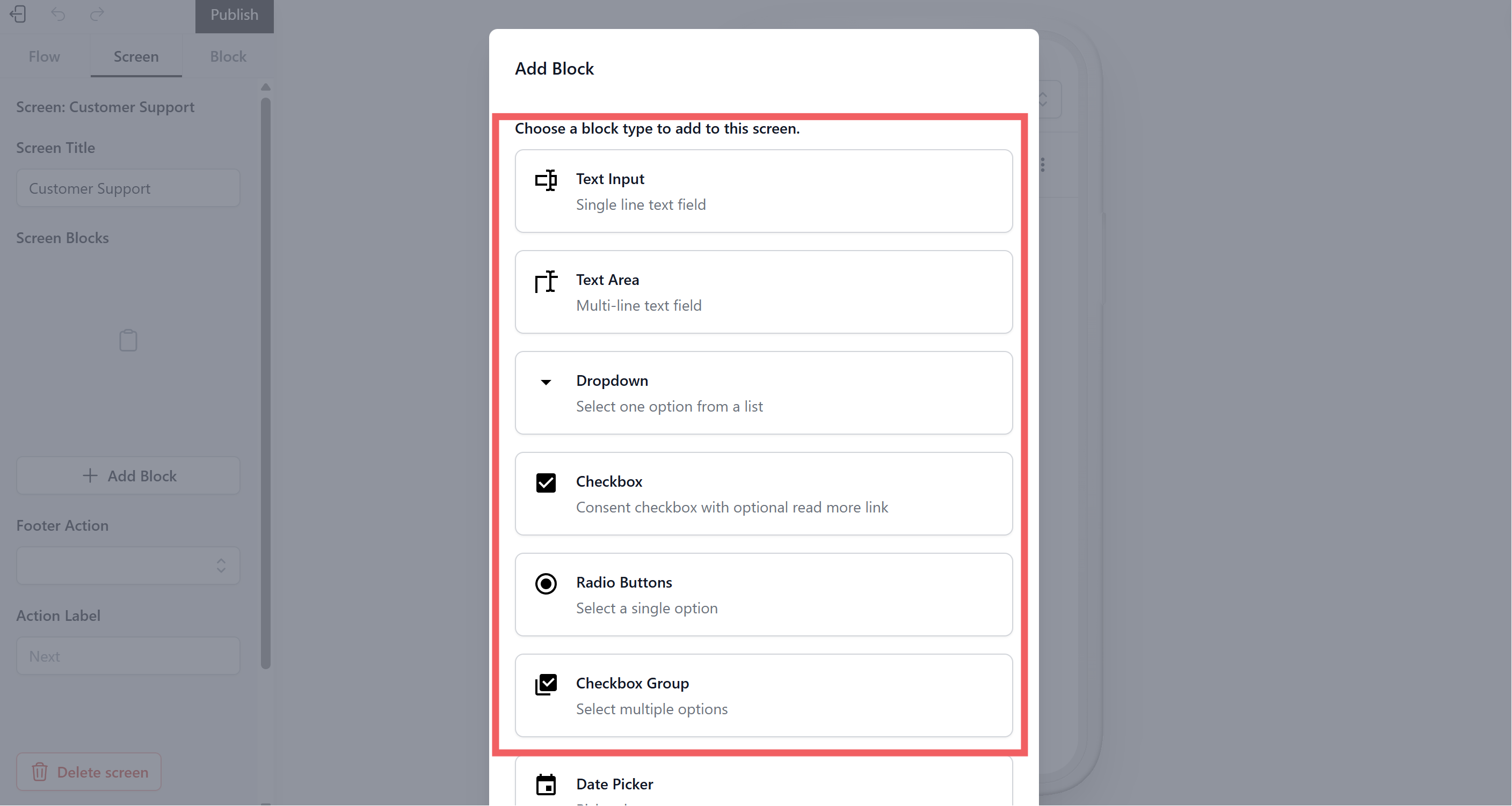 Under the "Screen Blocks" section, click + Add Block.