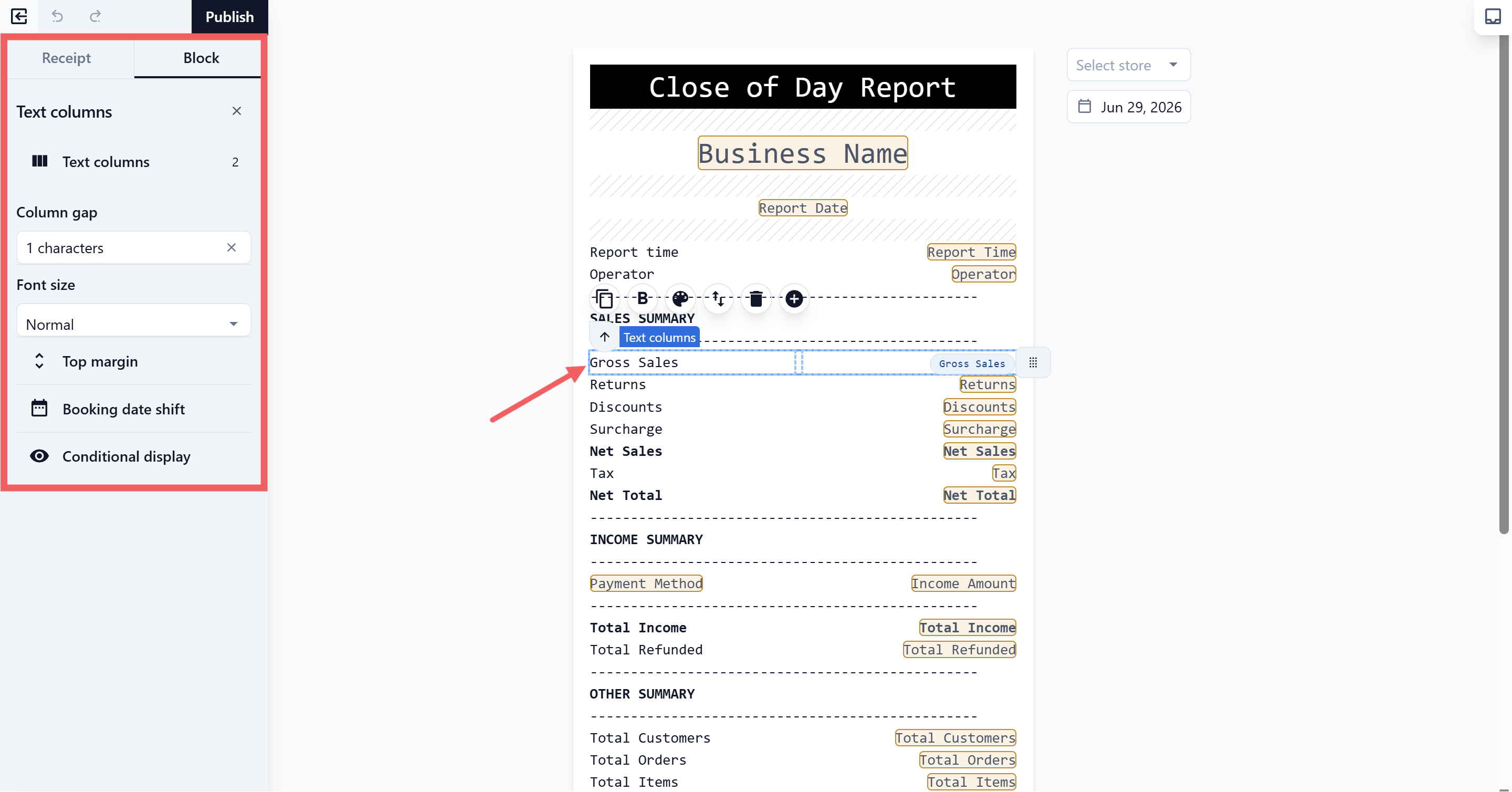 To change a column or block, click it and update the block settings on the side panel.