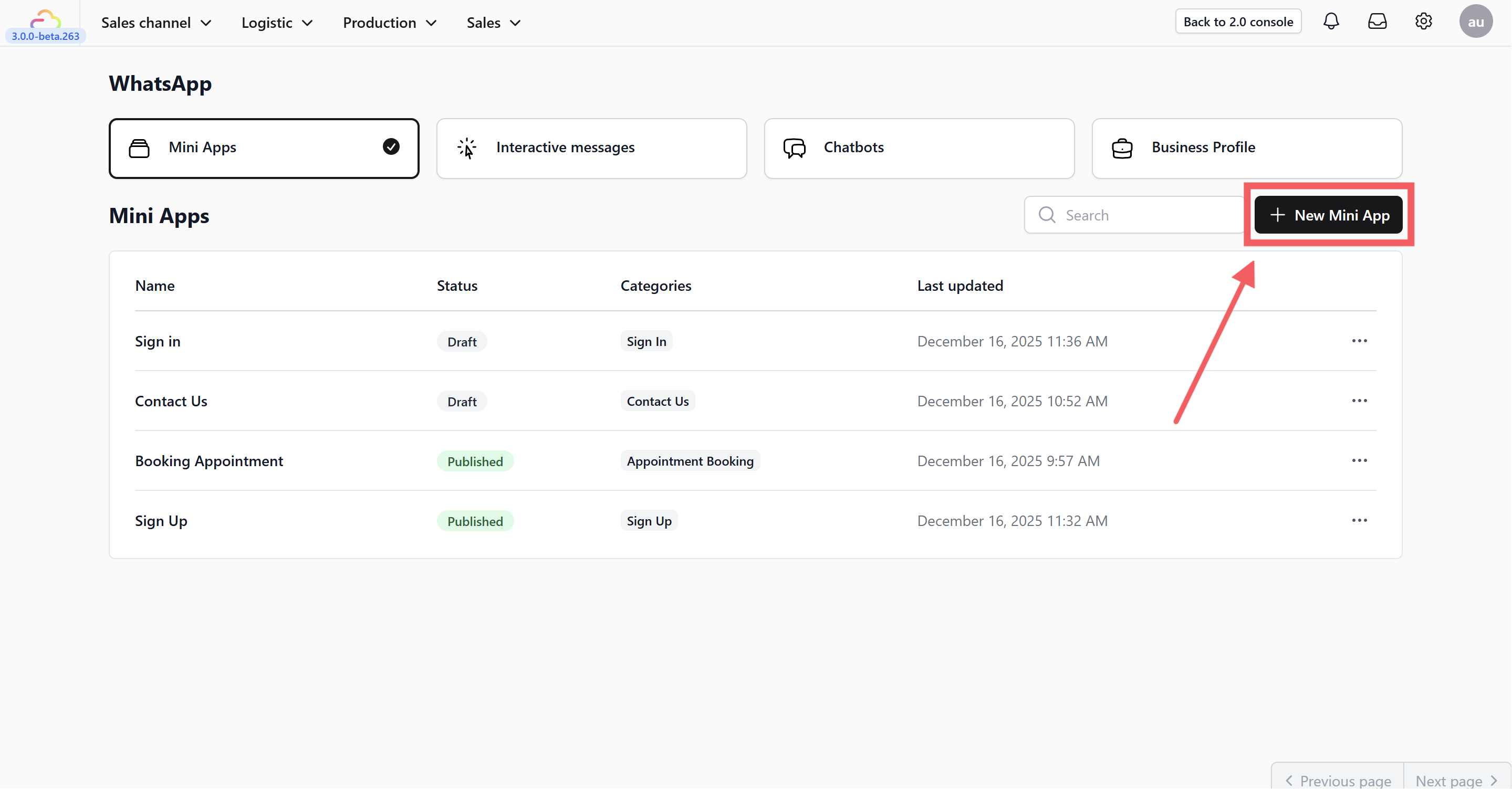 Navigate to Sales Channel > WhatsApp and select the Mini Apps tab.