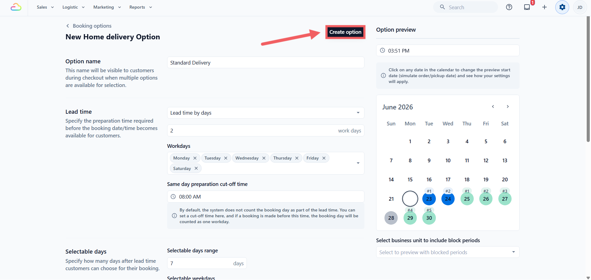The save button shows Create option for a new option, and shows Save updates when editing existing.