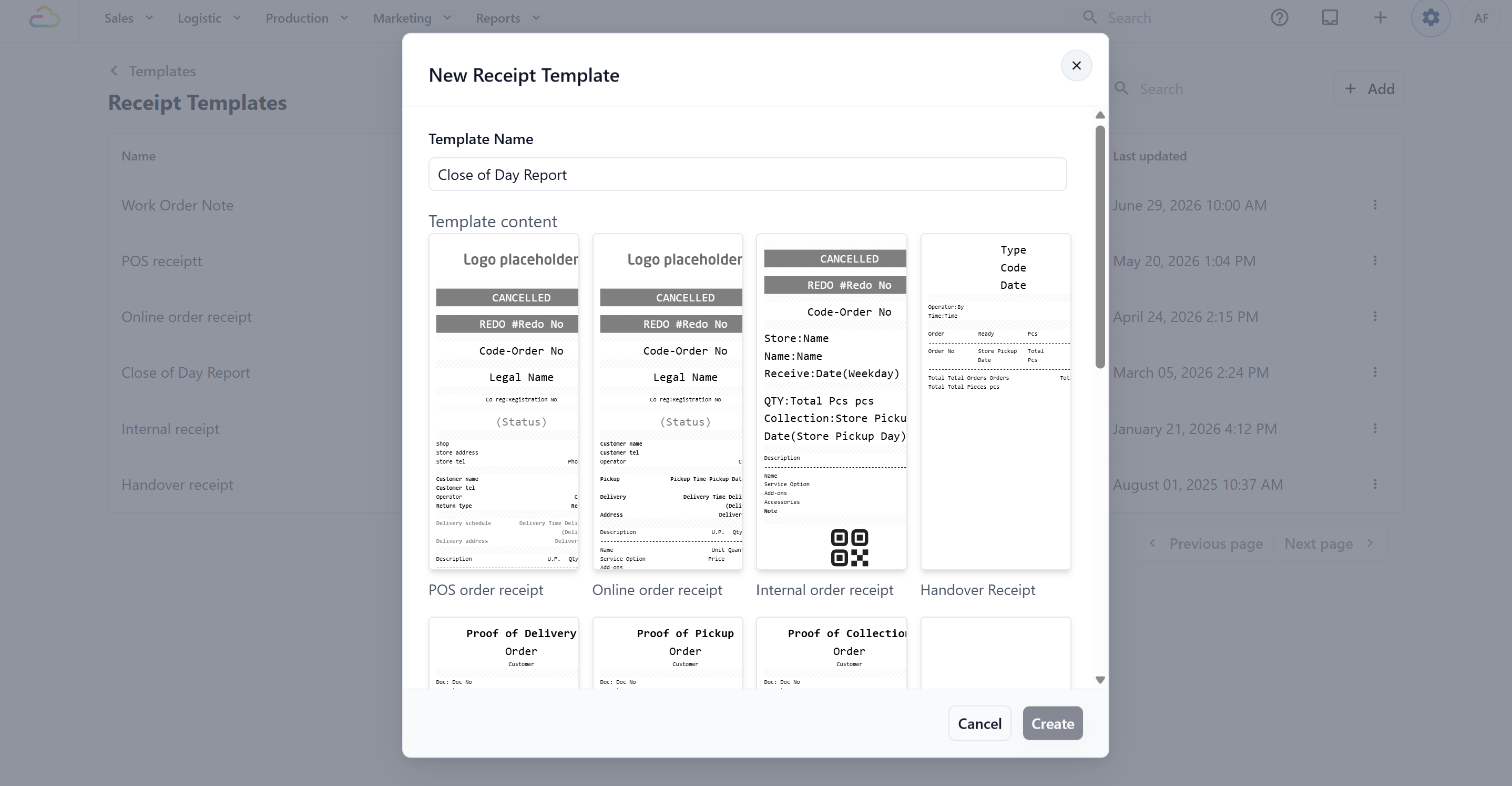 Enter a Template Name. For example, Close of Day Report.