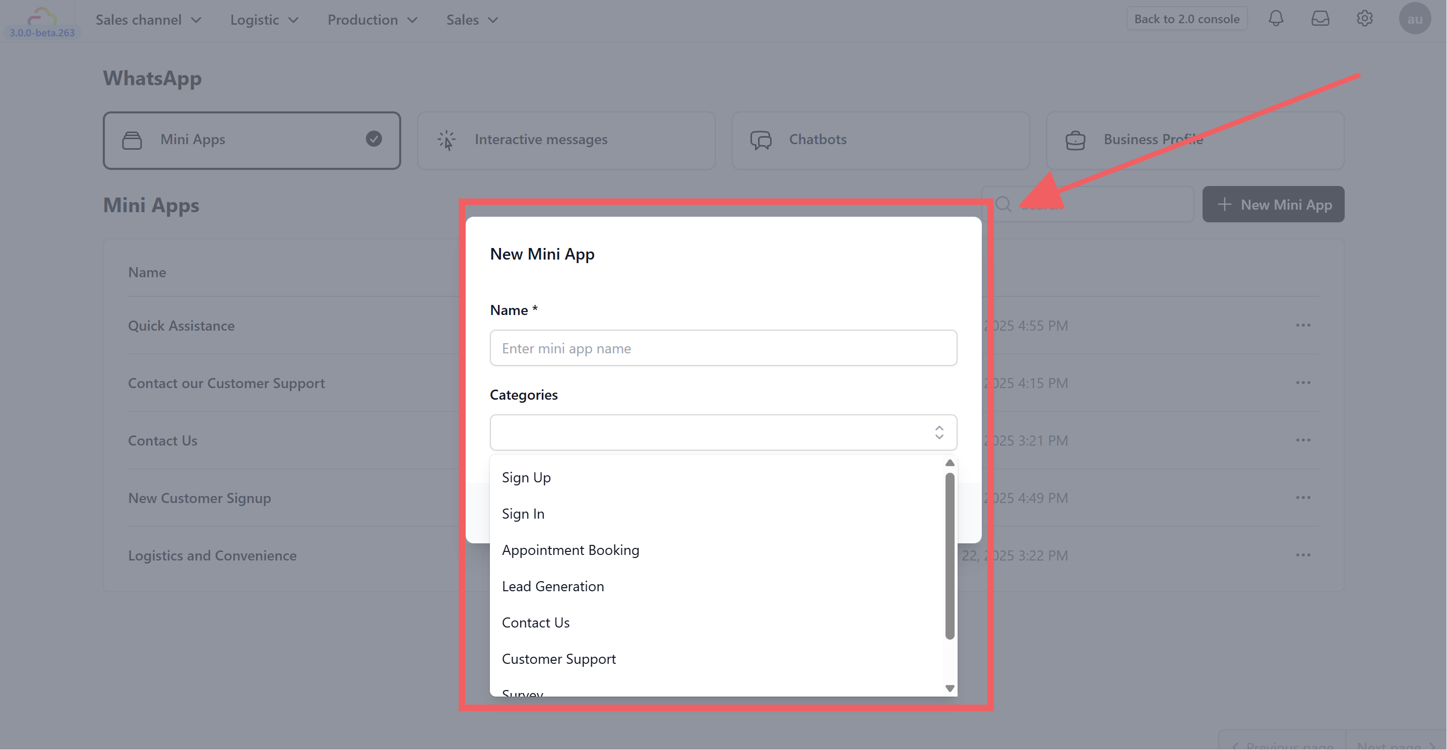 Click the + New Mini App button.