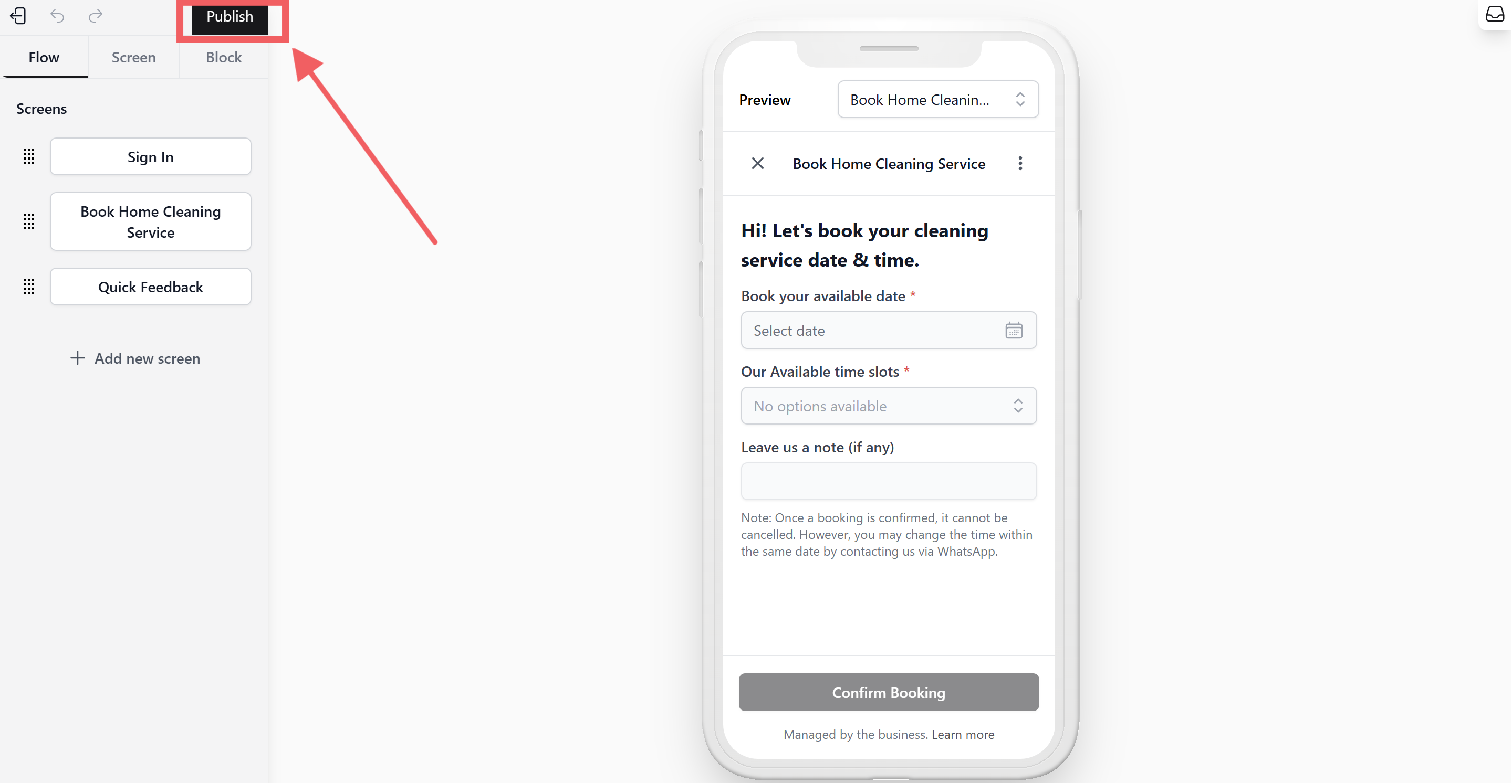 Set the action label based on your preference (for example: Book Now, Next, Continue).