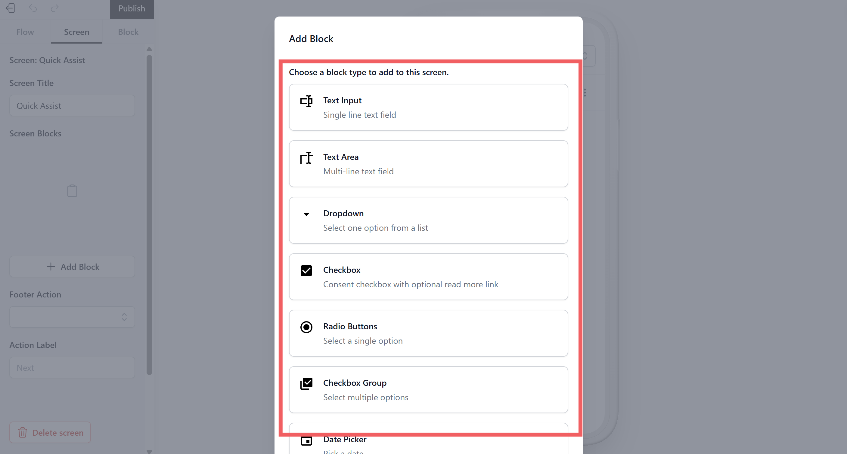 Under the "Screen Blocks" section, click + Add Block.