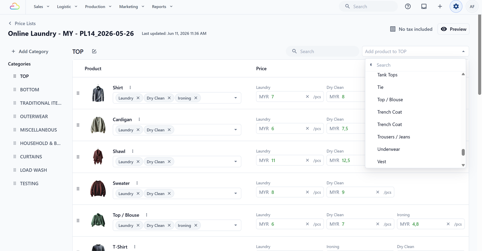 ✅ Example: How a Service Item appears in a Price List, ready for you to set each service price.