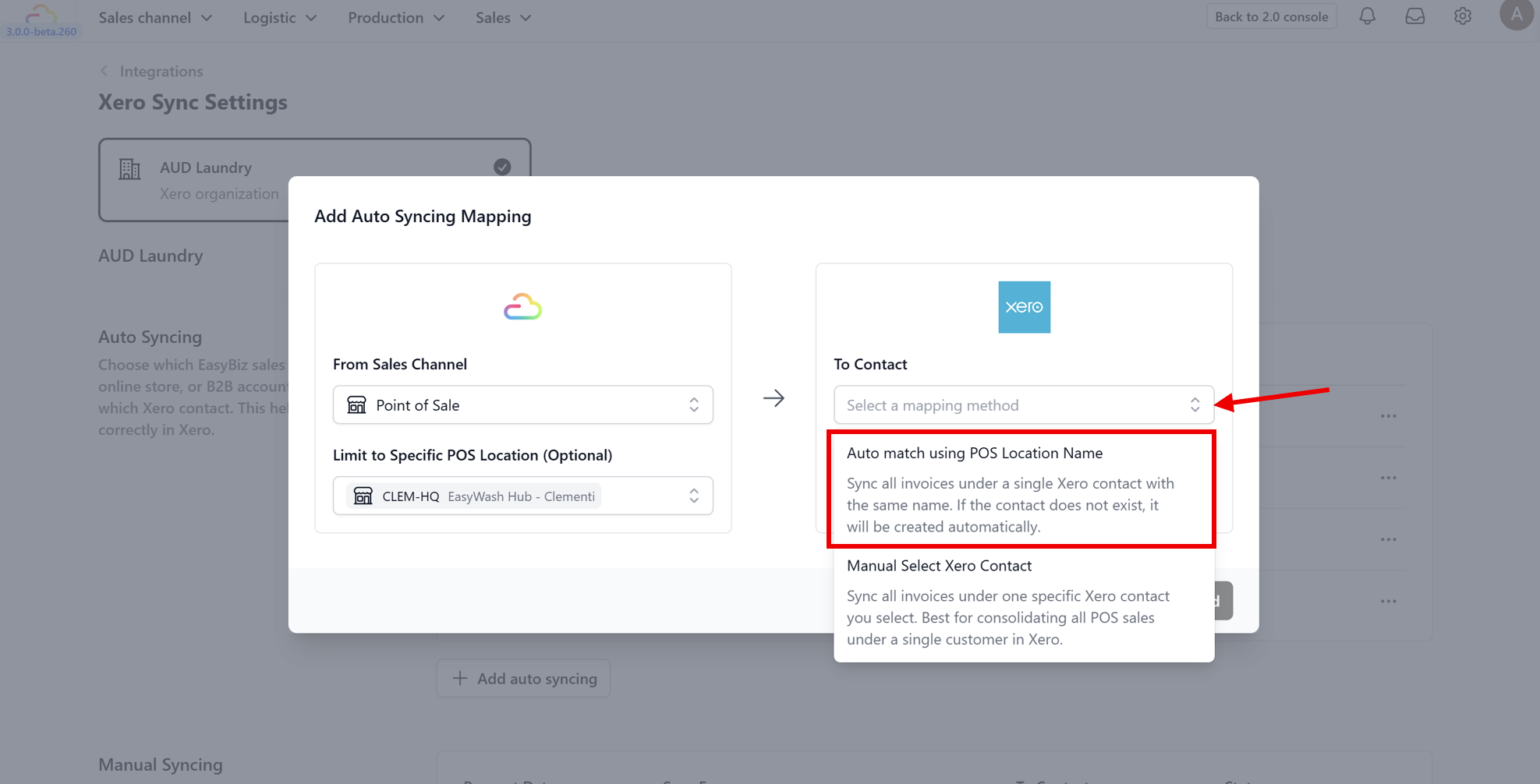 5. Contact Mapping: Option A: Choose "Auto-match by name". This tells Xero to look for an existing customer with the same name. If none is found, it will create a new contact automatically. Option B: Choose "Manual Select Xero Contact" if you prefer to group all sales from this channel under a single generic contact (e.g., "Walk-in Customer") to keep your Xero contact list organized.