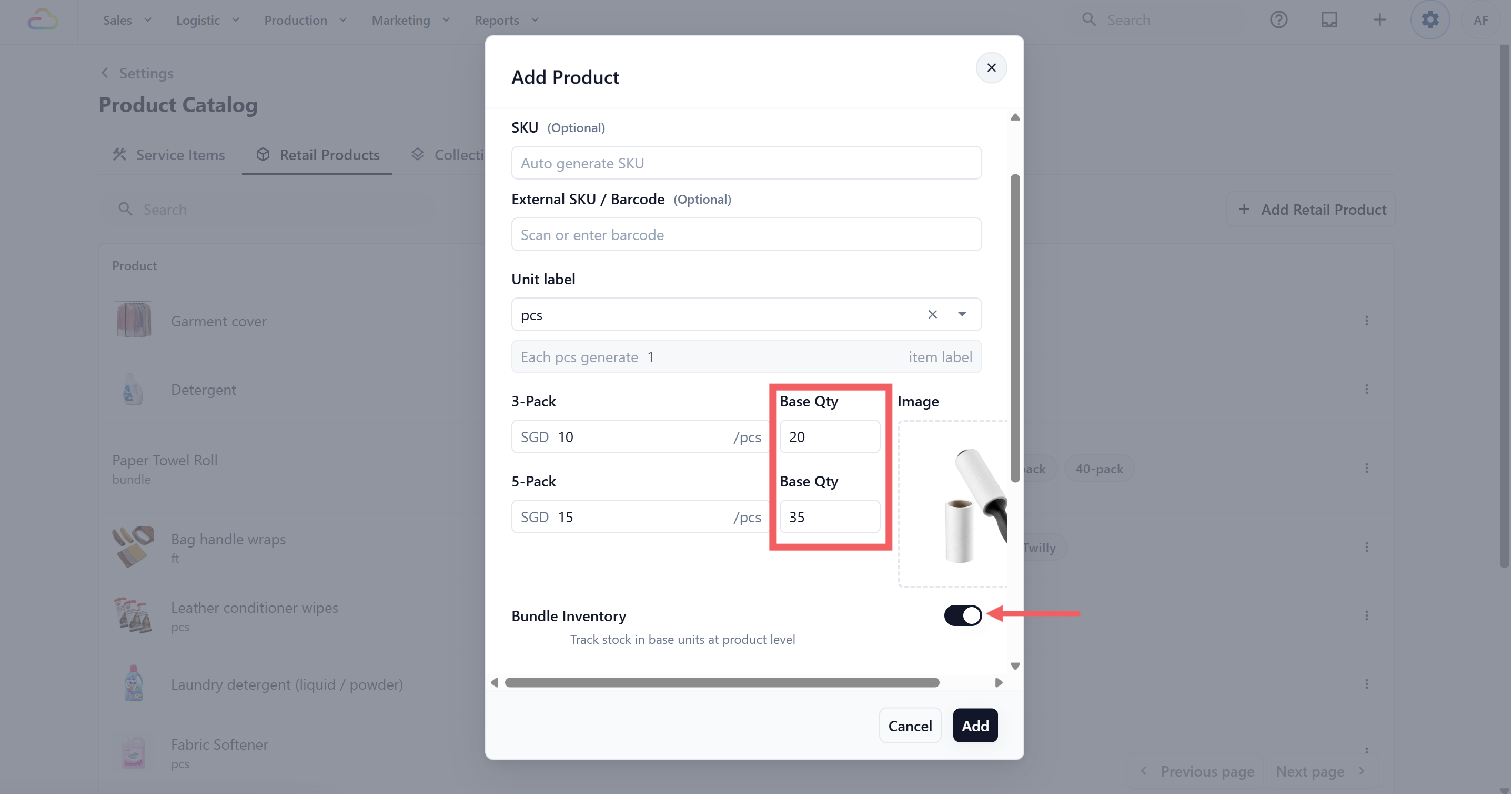 Bundle Inventory appears when a Retail Product has variants. Use it when different variants are sold from the same stock pool.