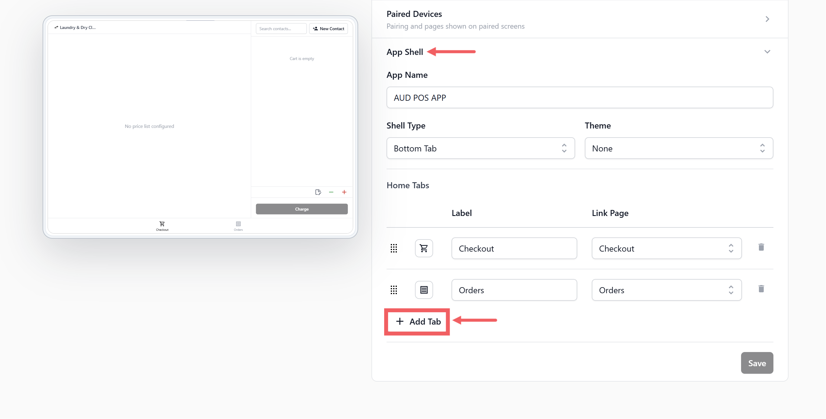 The page is created, but it won't show up on the POS yet — you need to add it as a tab under App Shell.