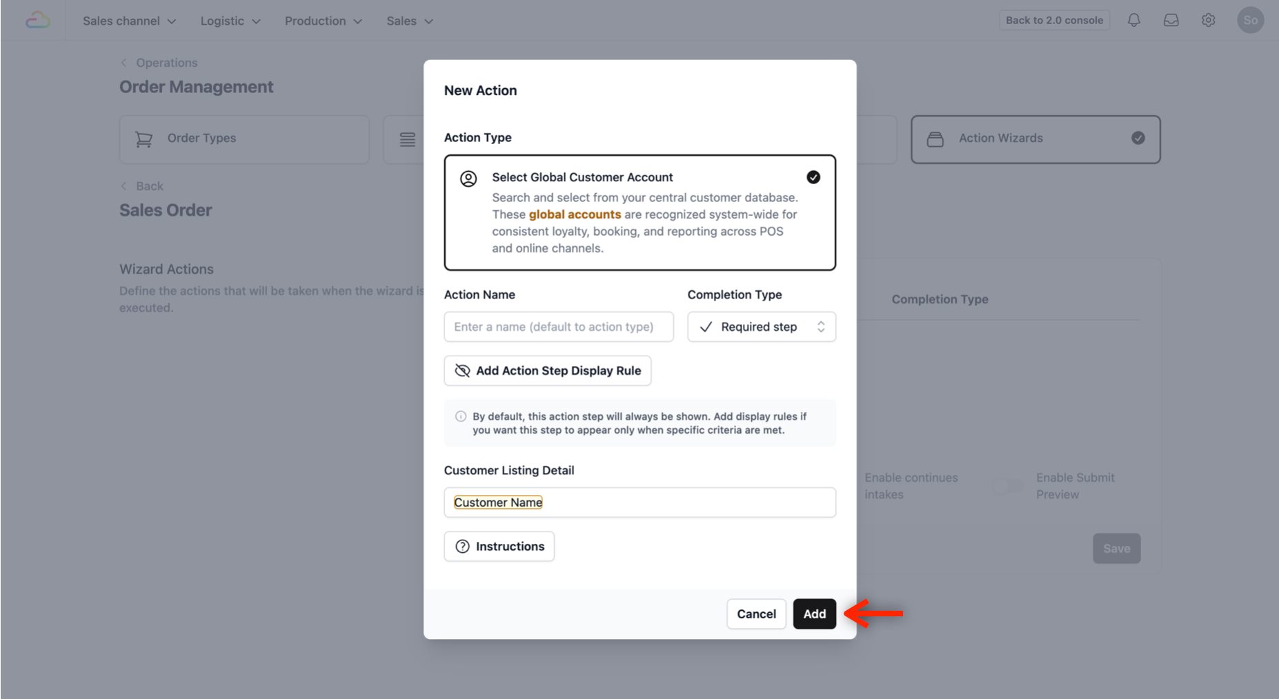 When you are done, click on the Add button to add this new action.