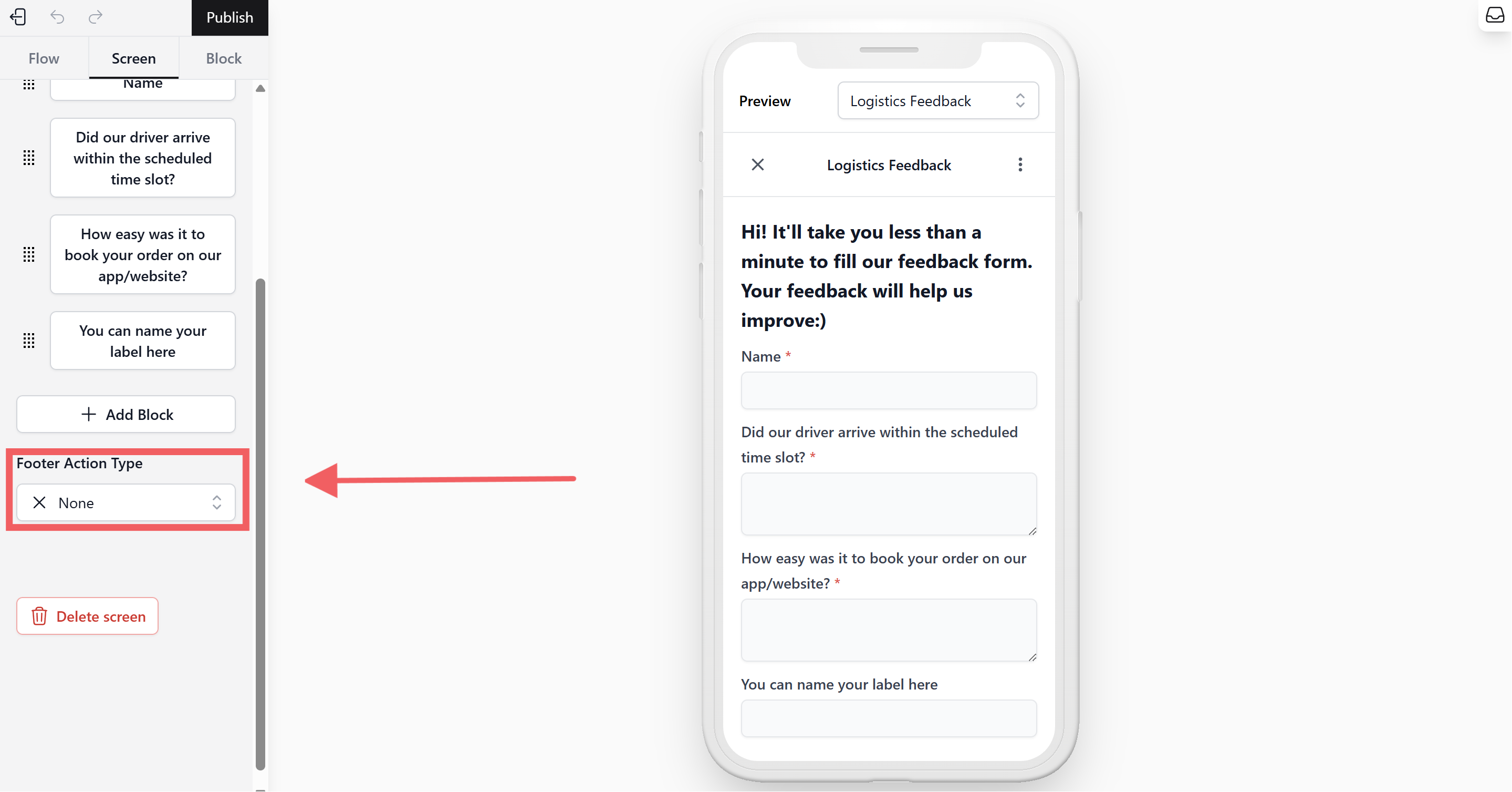 Define what happens when the customer clicks the button at the bottom of the screen.