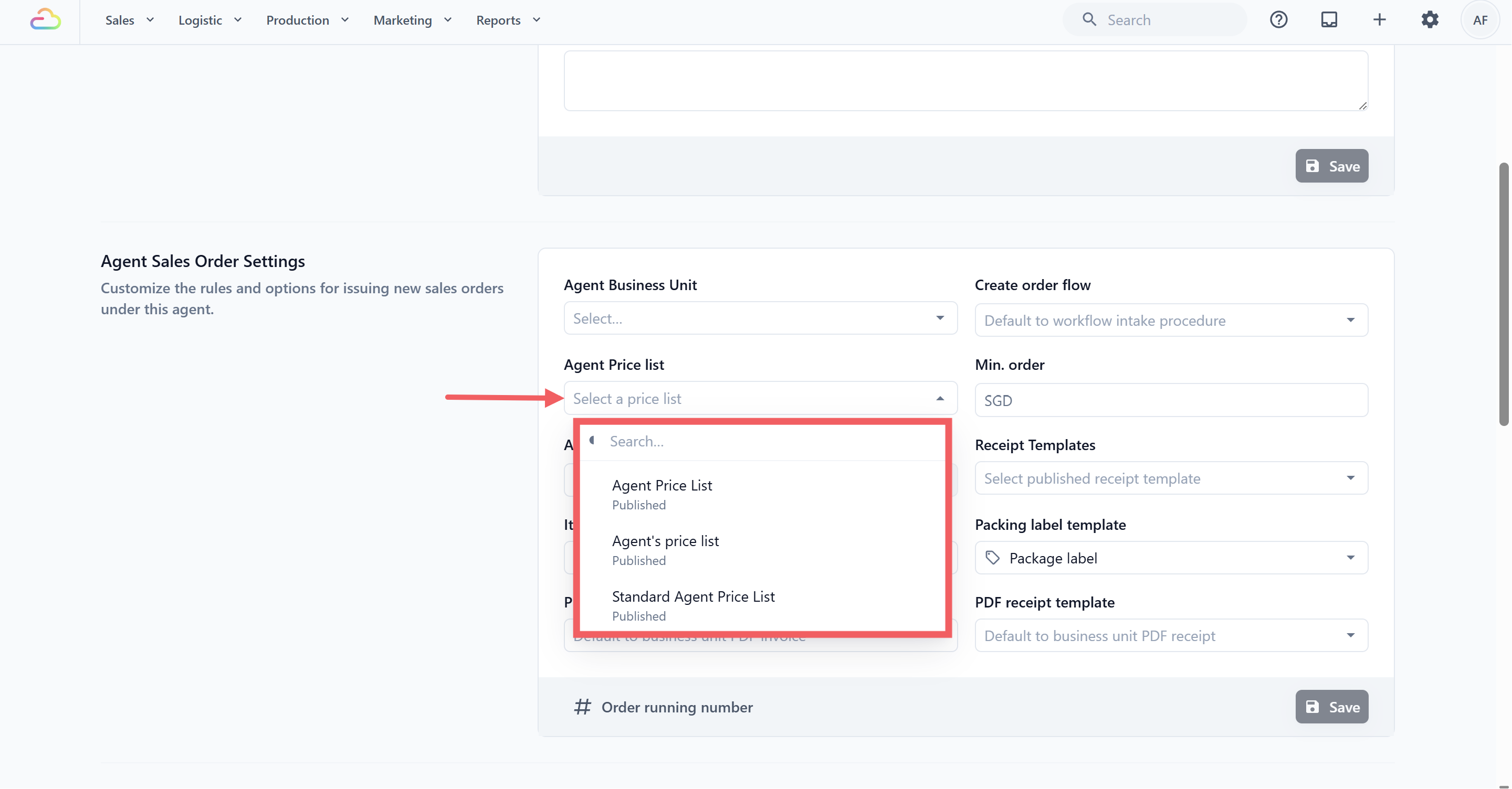 Scroll down to the Agent Sales Order Settings section. In the Agent Price List field, open the dropdown and select the agent price list you created.