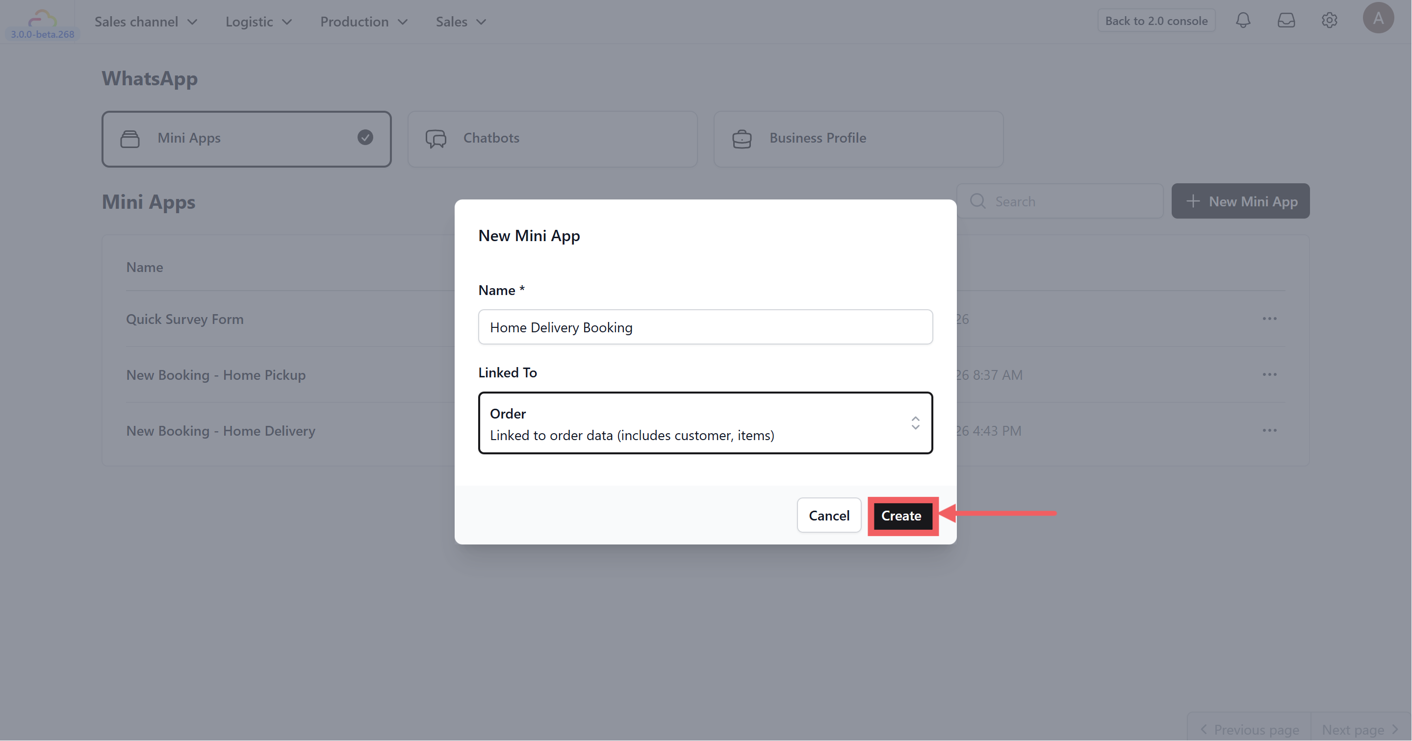 Click Create. You should now see the newly created Mini App for booking.
