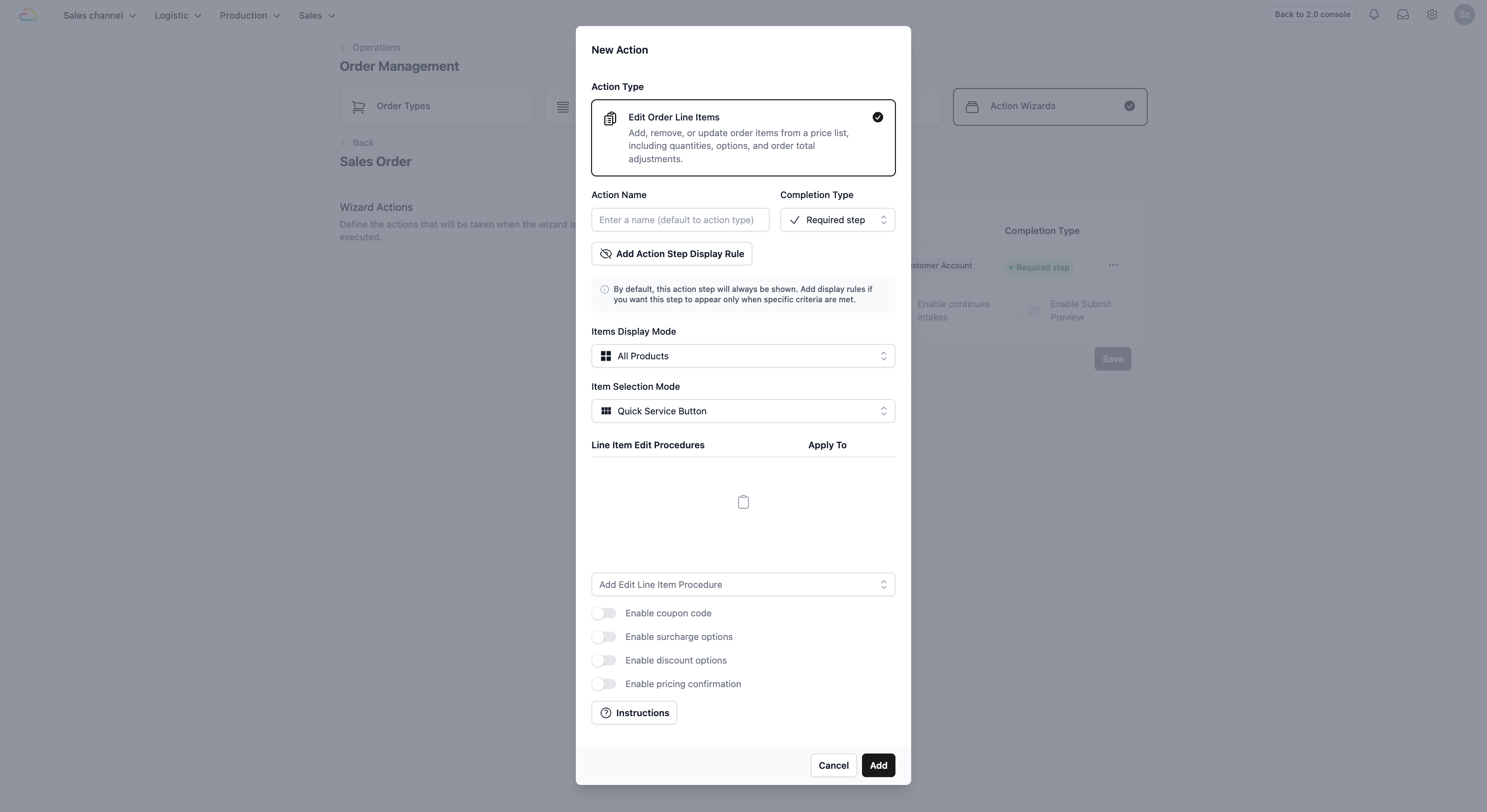 Enable Toggles: You can switch the on/off buttons for Coupon codes, Surcharges, Discounts, or Pricing Confirmation depending on your workflow.
