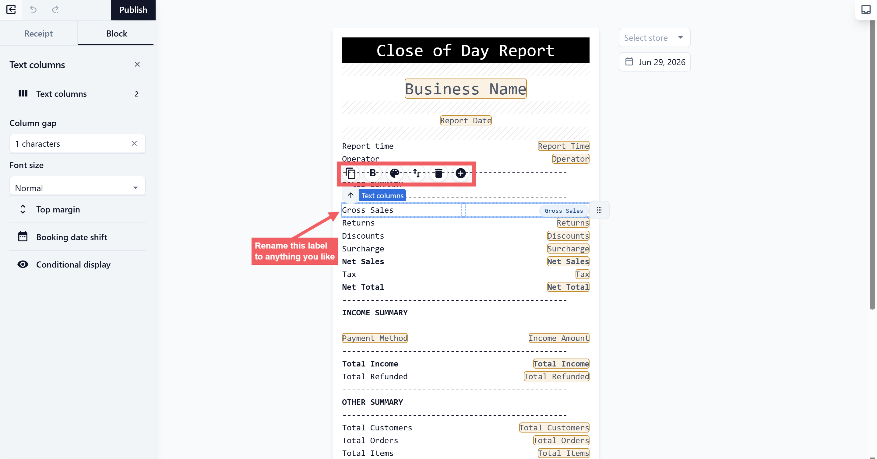 Click a text block to edit the wording shown on the report.