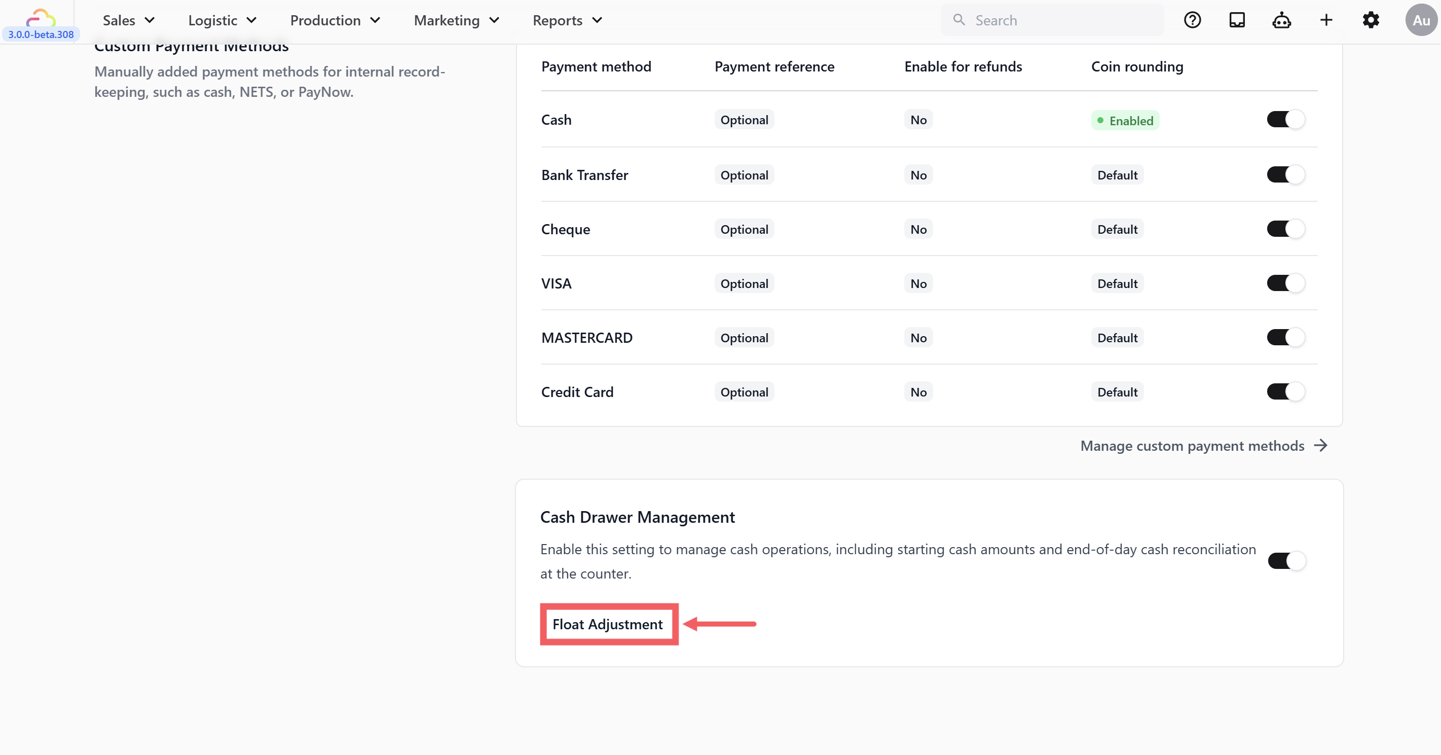 Float Adjustment sets the starting cash amount left in the drawer after each session closure. This is the cash your staff begins the next shift with.