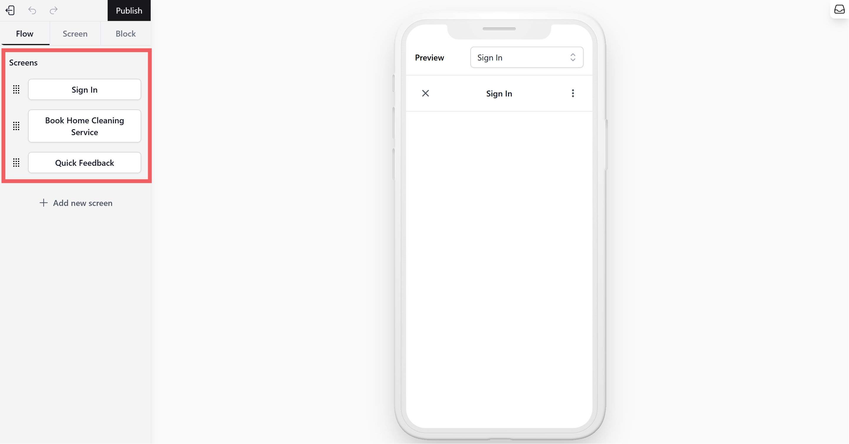 Click the +Add Screen button to add your specific screens. Once added, your screens will appear in the list.