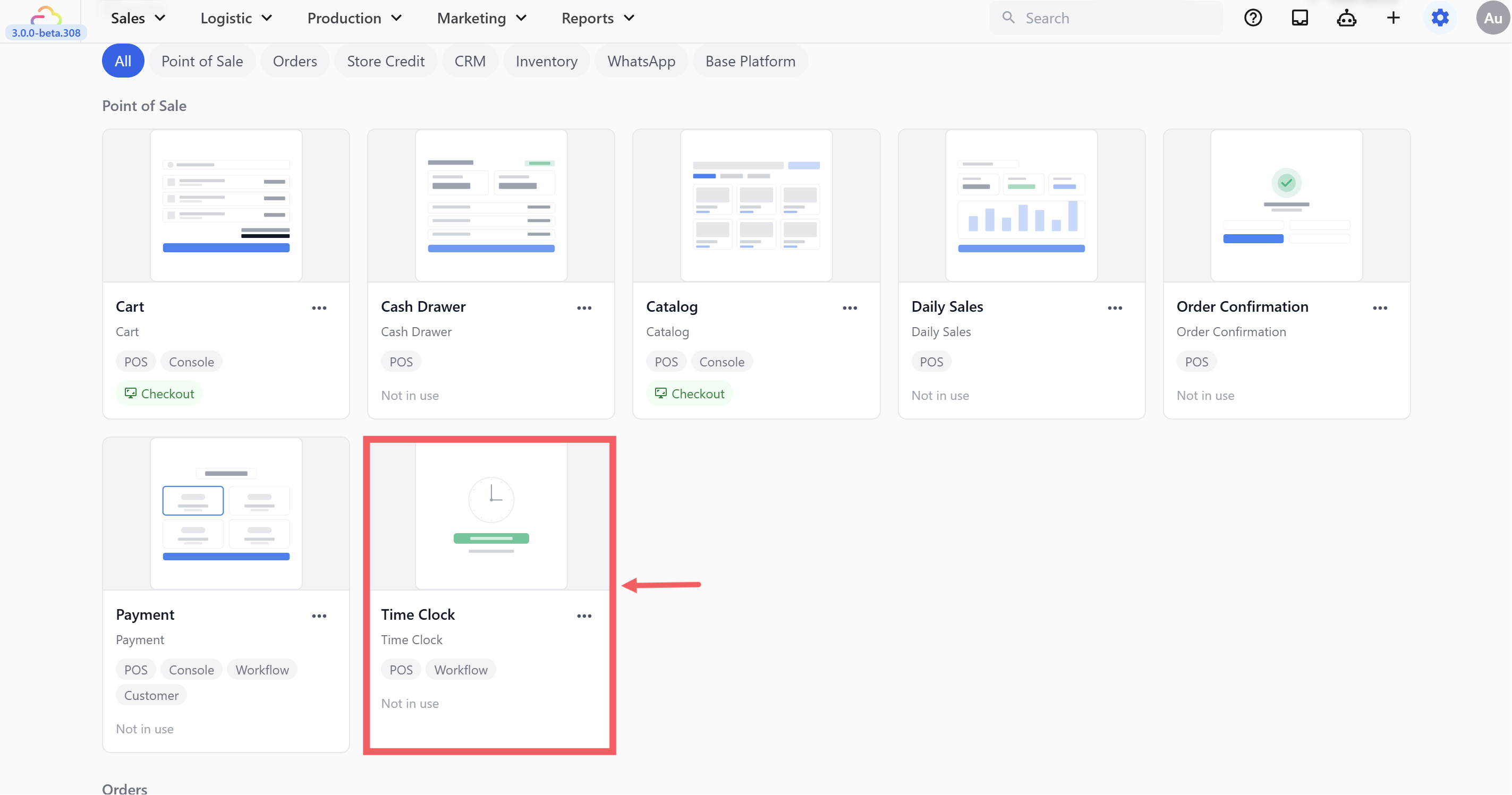 Find the block called Time Clock. Check that the name of the POS app you created earlier appears as a blue tag underneath the block — this means it is linked to your POS. Click on the block to open its settings.