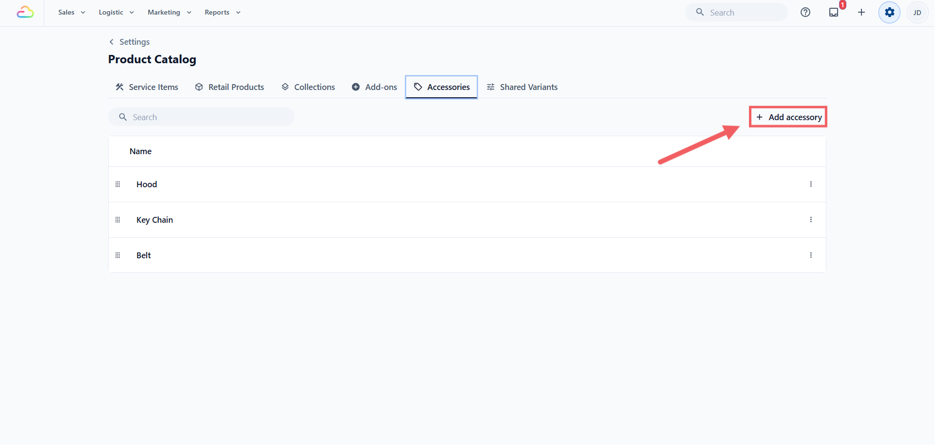 Click the + Add accessory button at the top-right of the toolbar.