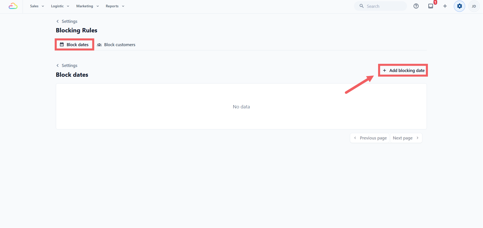 Click + Add blocking date at the top right to open the Add Blocking Rule dialog. Fill in the fields, then click Add.